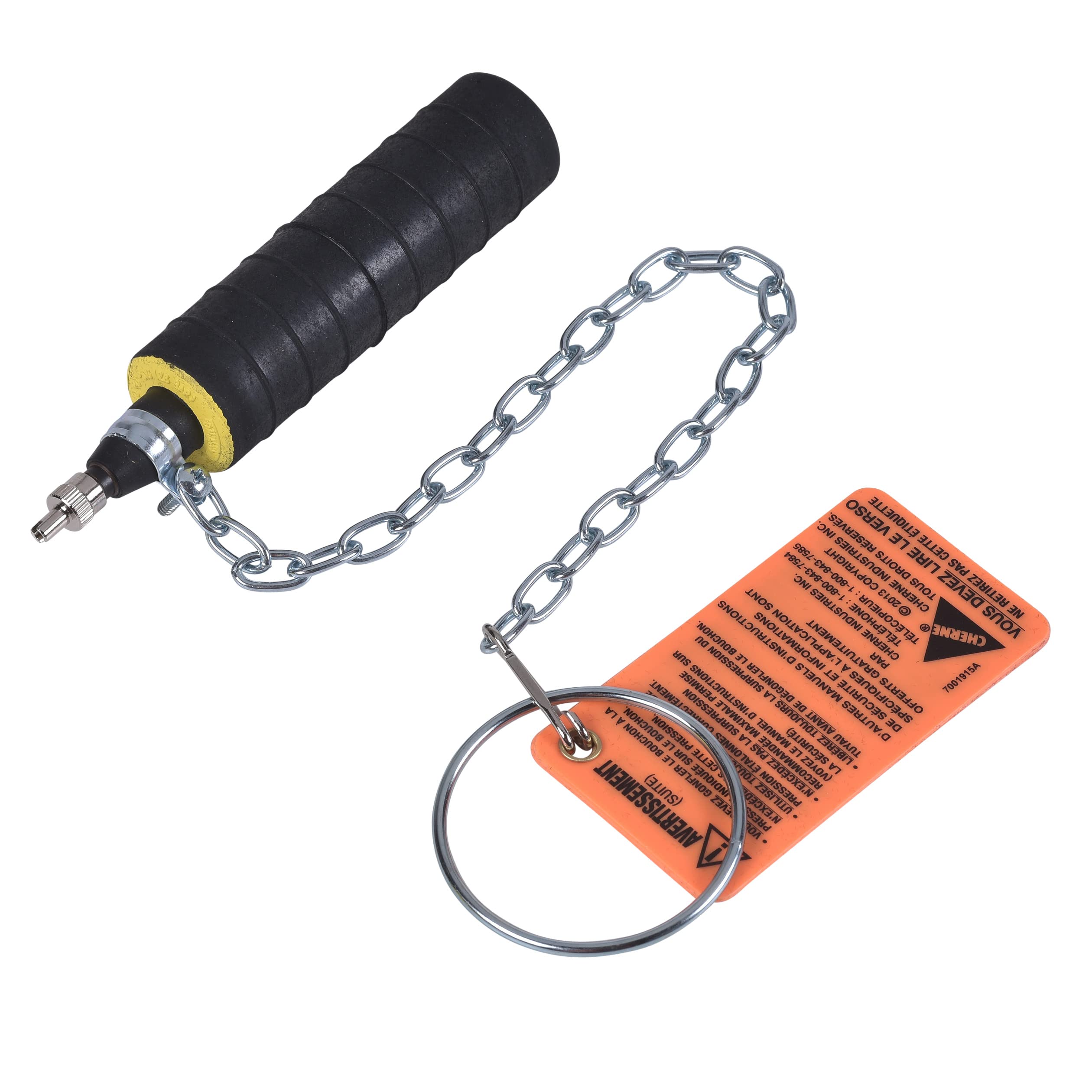 Black rubber test-ball plug with yellow band, metal chain, and orange instruction tag with metal ring.