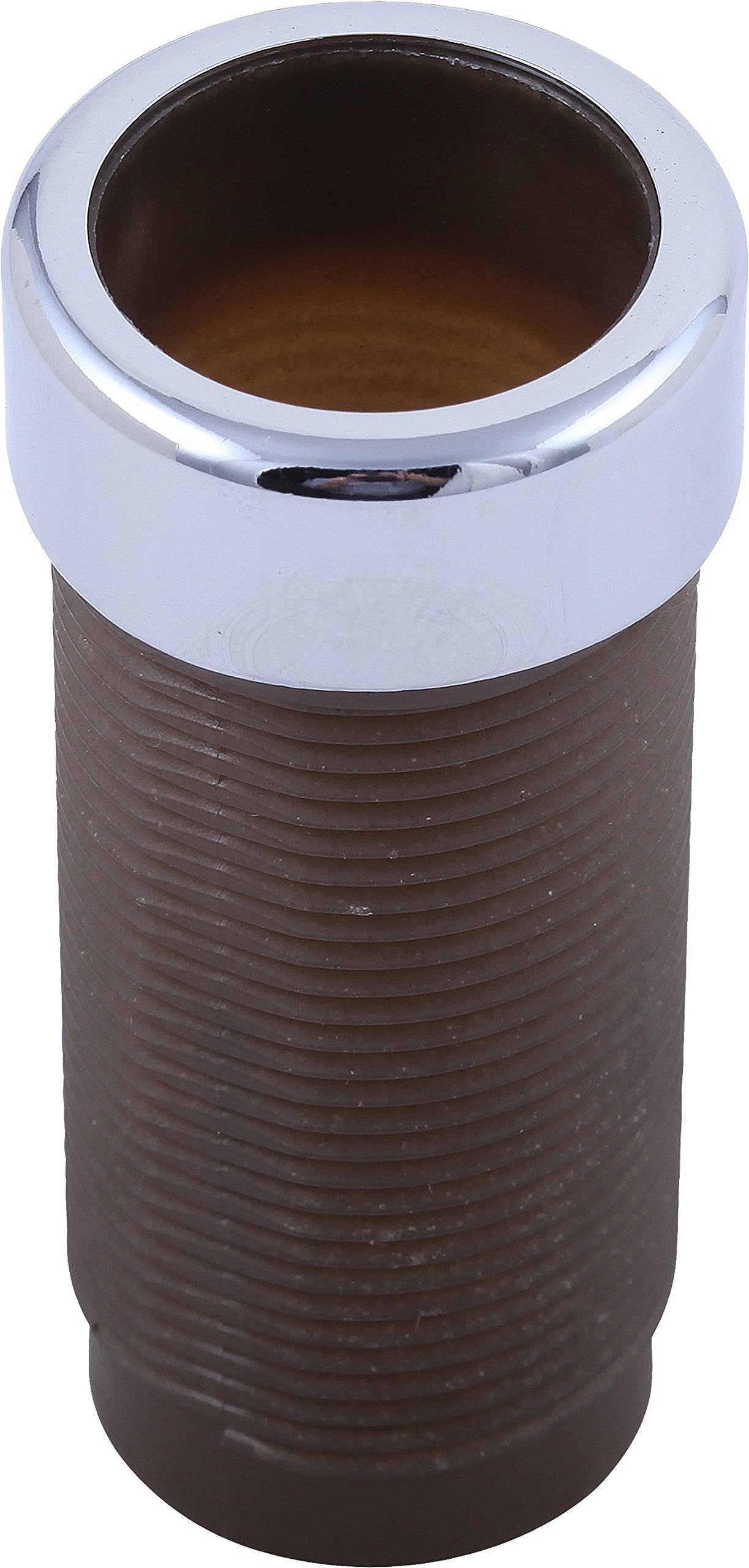 Chrome and bronze soap dispenser body assembly with wide open top and textured lower cylinder.