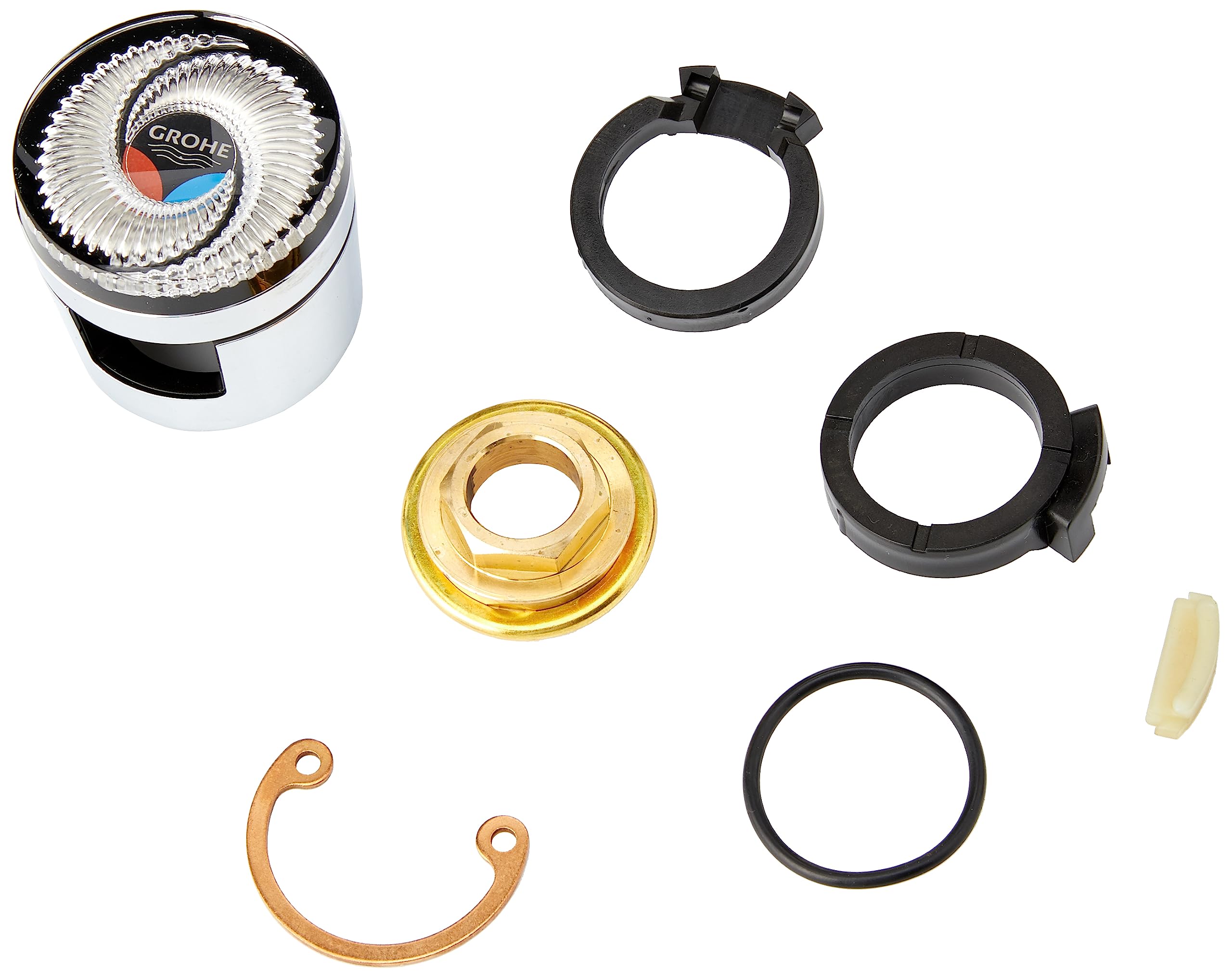 Chrome lever head with Grohe logo and brass ring, shown with black retaining rings, copper clip, and seal components.