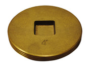 Brass cleanout plug with recessed square head and "4"" marking on circular face.