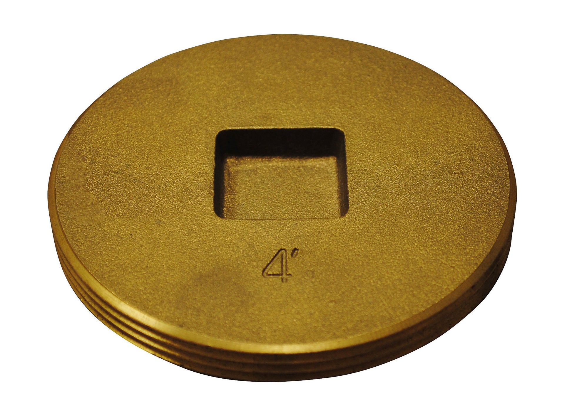 Brass cleanout plug with recessed square head and "4"" marking on circular face.