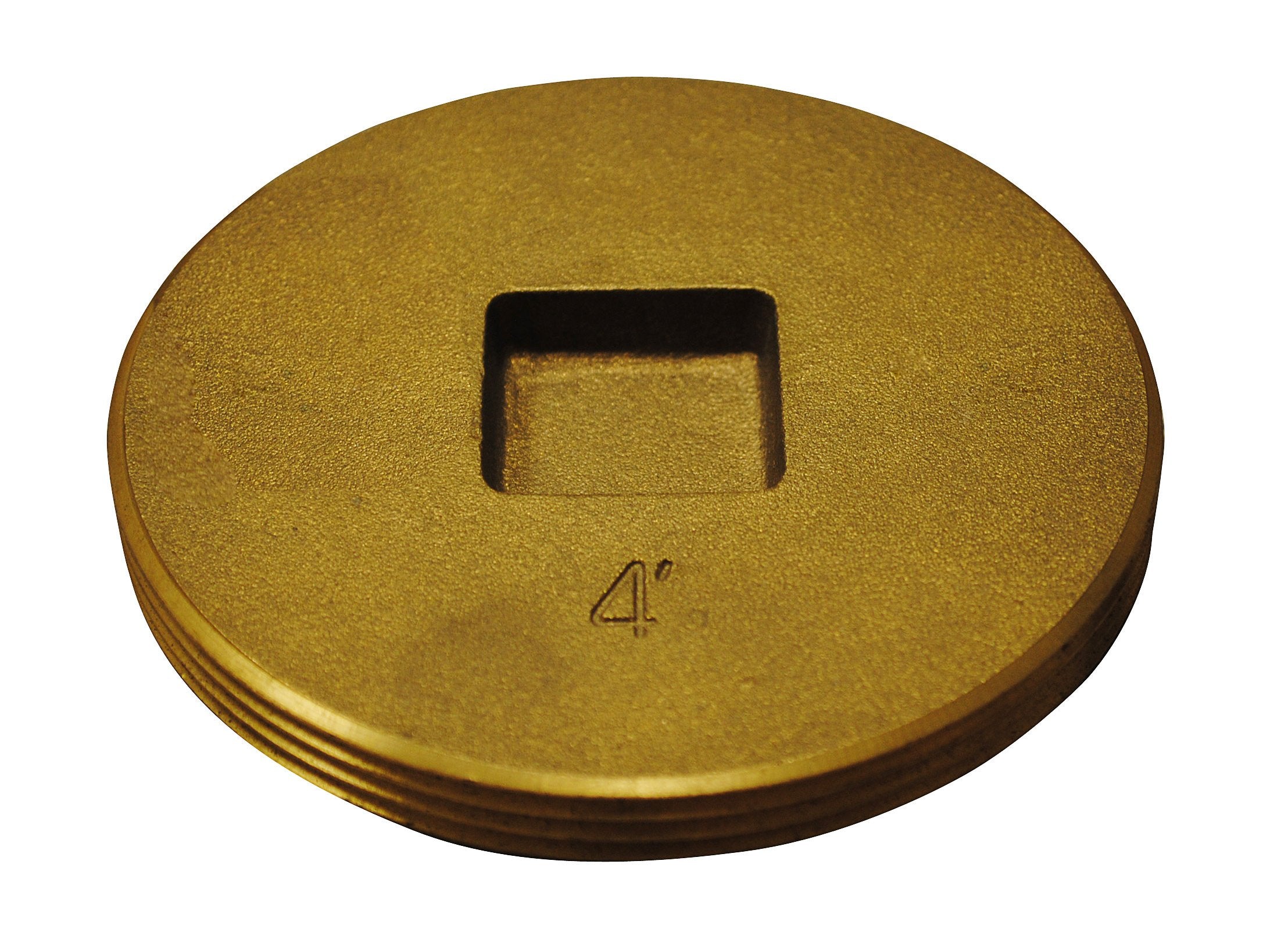Brass cleanout plug with recessed square head and "4"" marking on circular face.