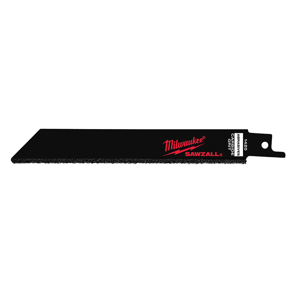 Black Milwaukee SAWZALL reciprocating saw blade with carbide grit cutting edge and mounting slot.