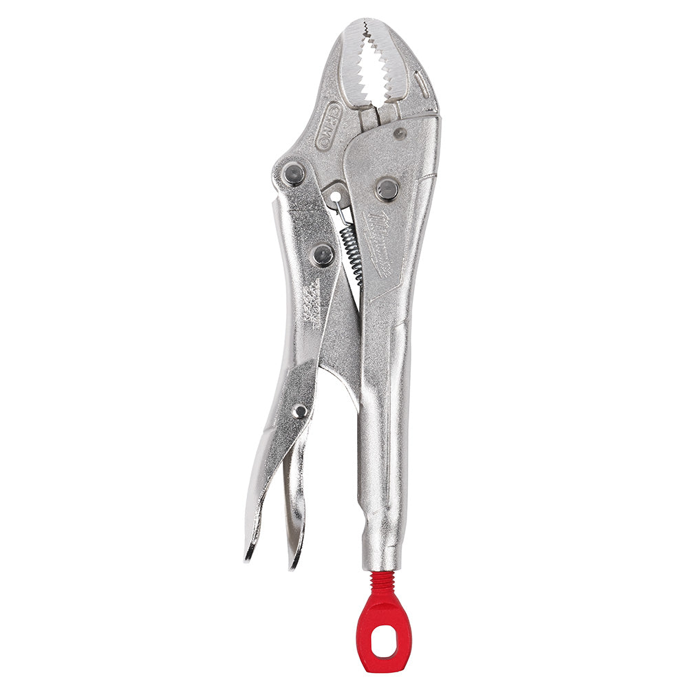 Silver curved jaw locking pliers with serrated jaws, adjustment screw, and red handle grip.