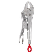 Silver curved jaw locking pliers with serrated jaws, adjustment screw, and red handle grip.