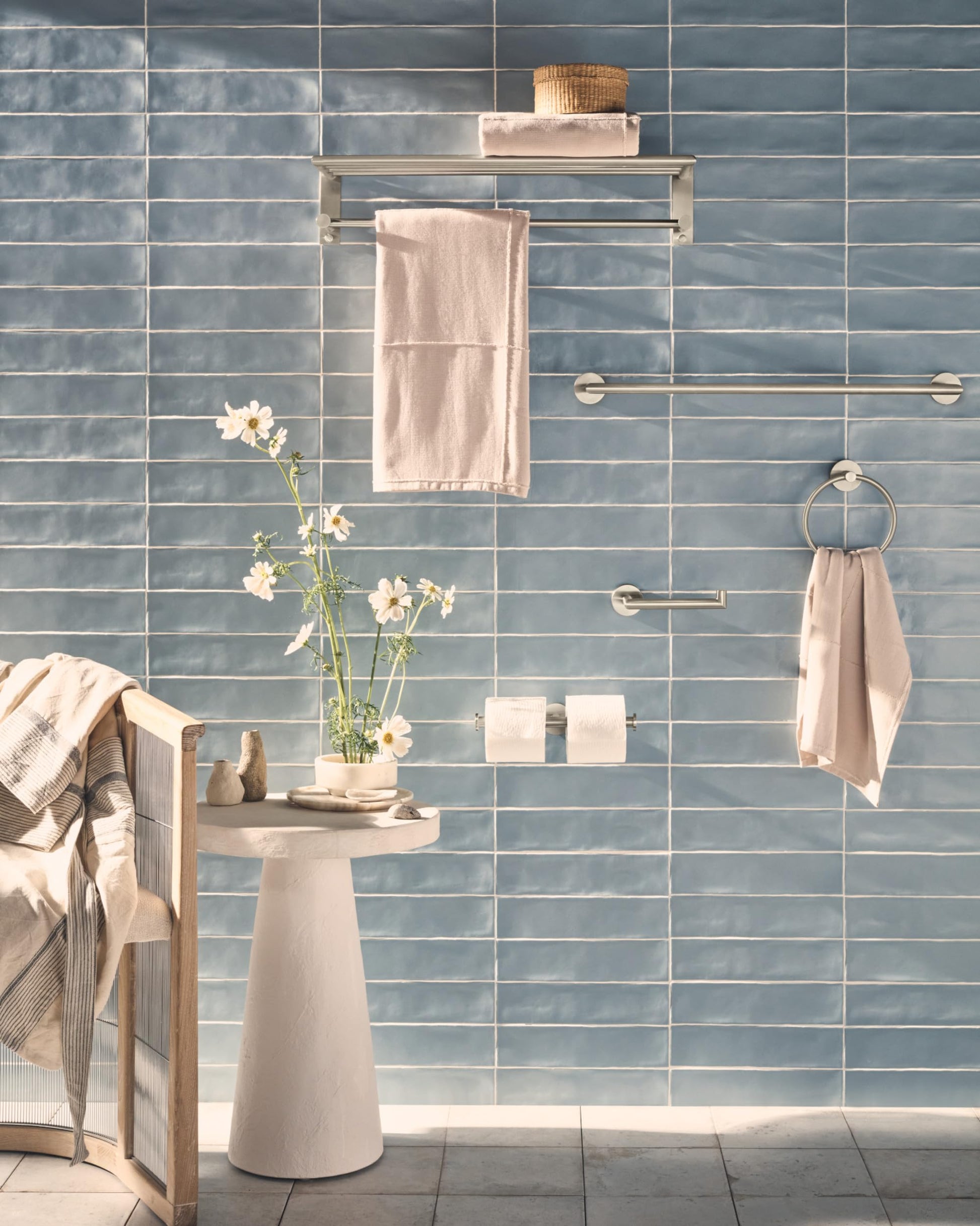 Brushed nickel double toilet paper holder mounted on blue tile wall with two horizontal bars holding white toilet paper rolls
