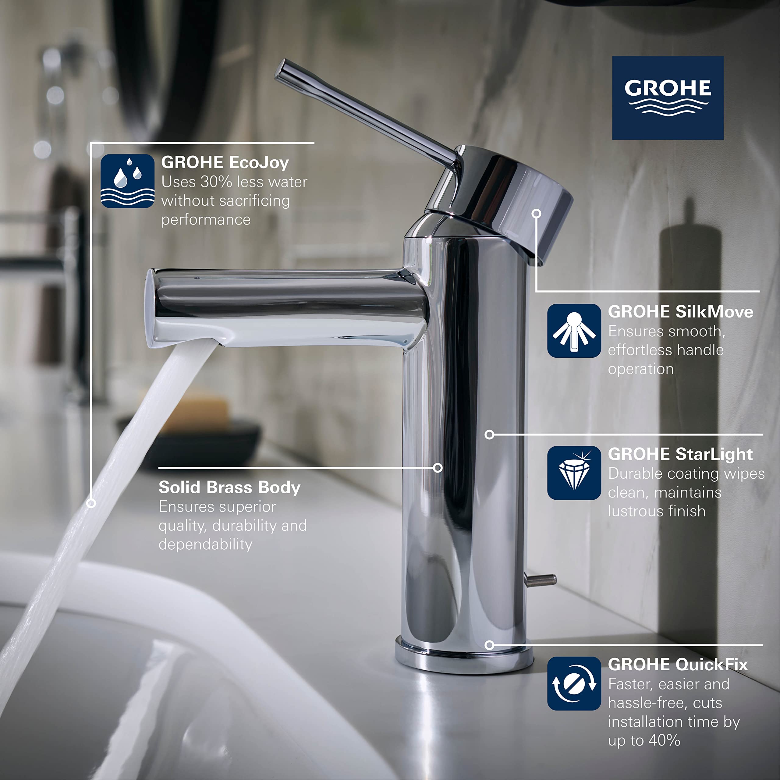 Matte black single-handle bathroom faucet with angled spout and water stream visible, displayed in chrome finish on sink basi