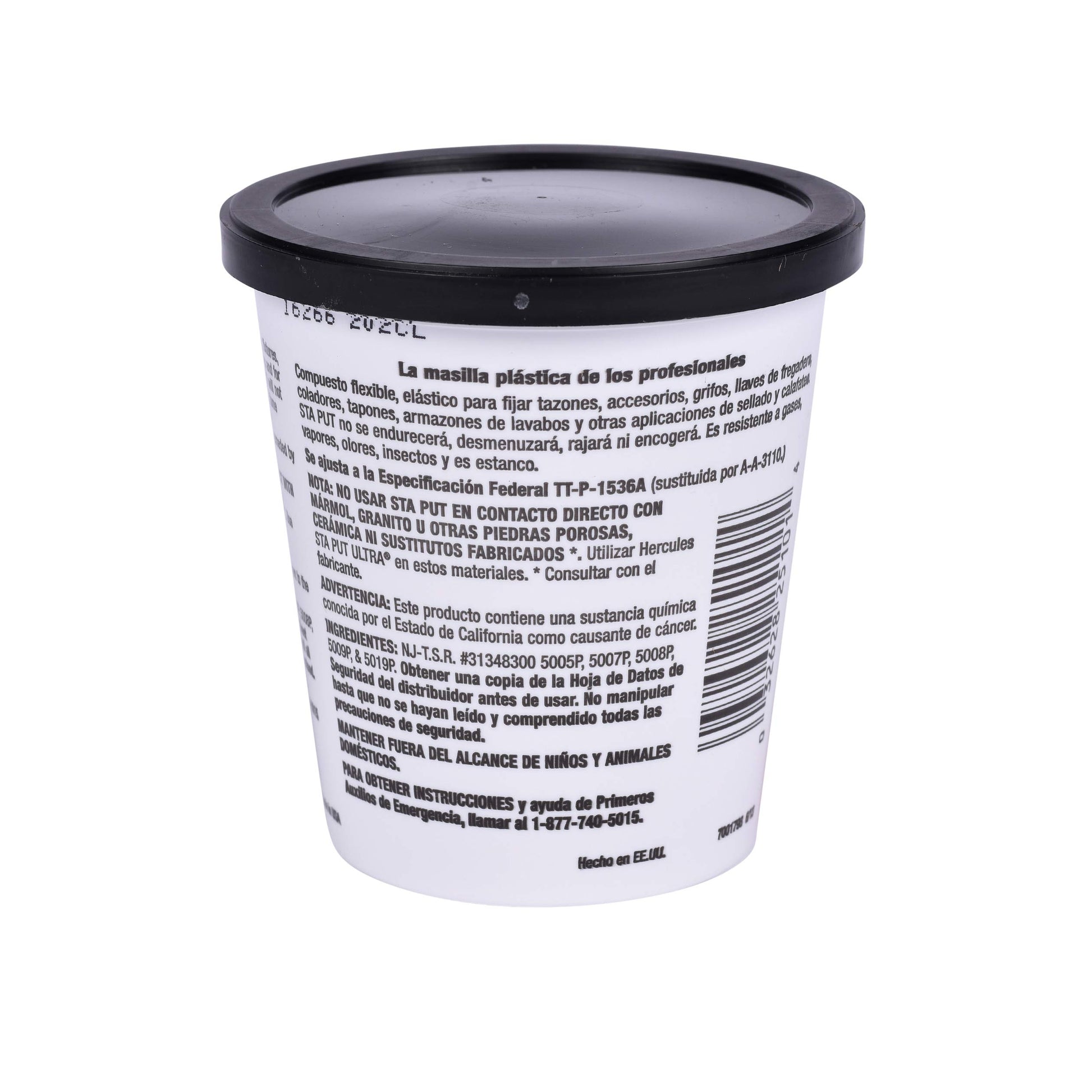 Tan-colored plumber's putty in a white container with black lid and product information label.