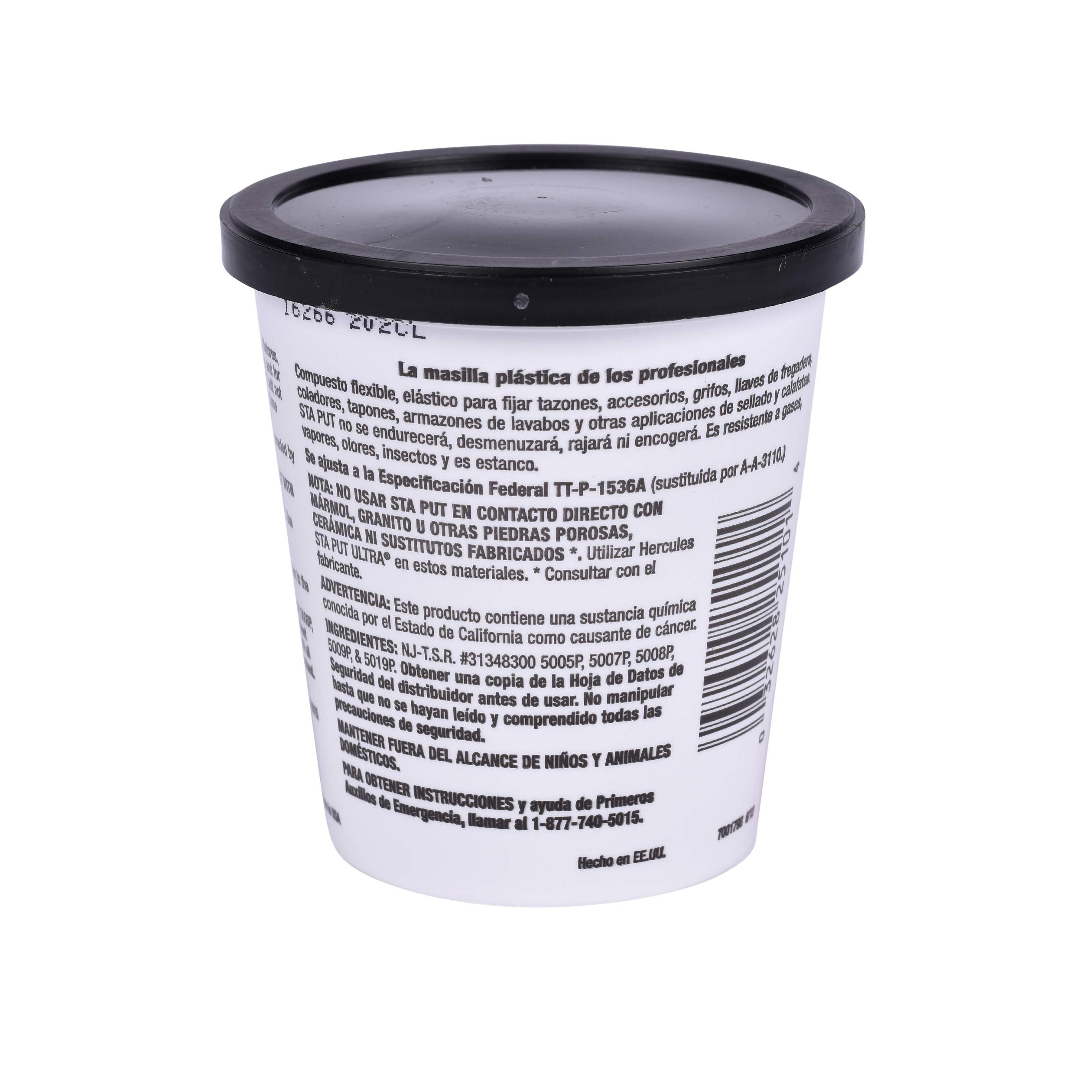 Tan-colored plumber's putty in a white container with black lid and product information label.