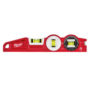 Red Milwaukee torpedo level with yellow bubble vials and degree dial, featuring handle on left side.