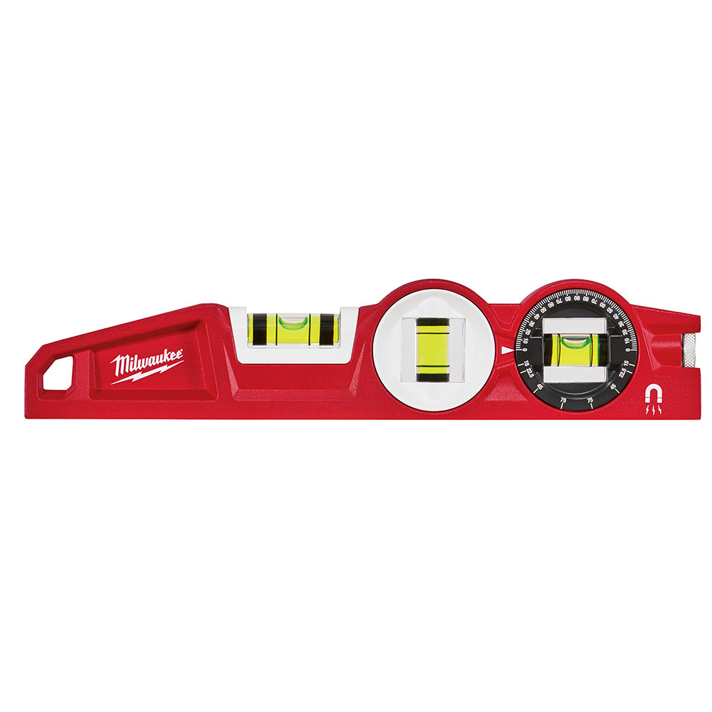 Red Milwaukee torpedo level with yellow bubble vials and degree dial, featuring handle on left side.
