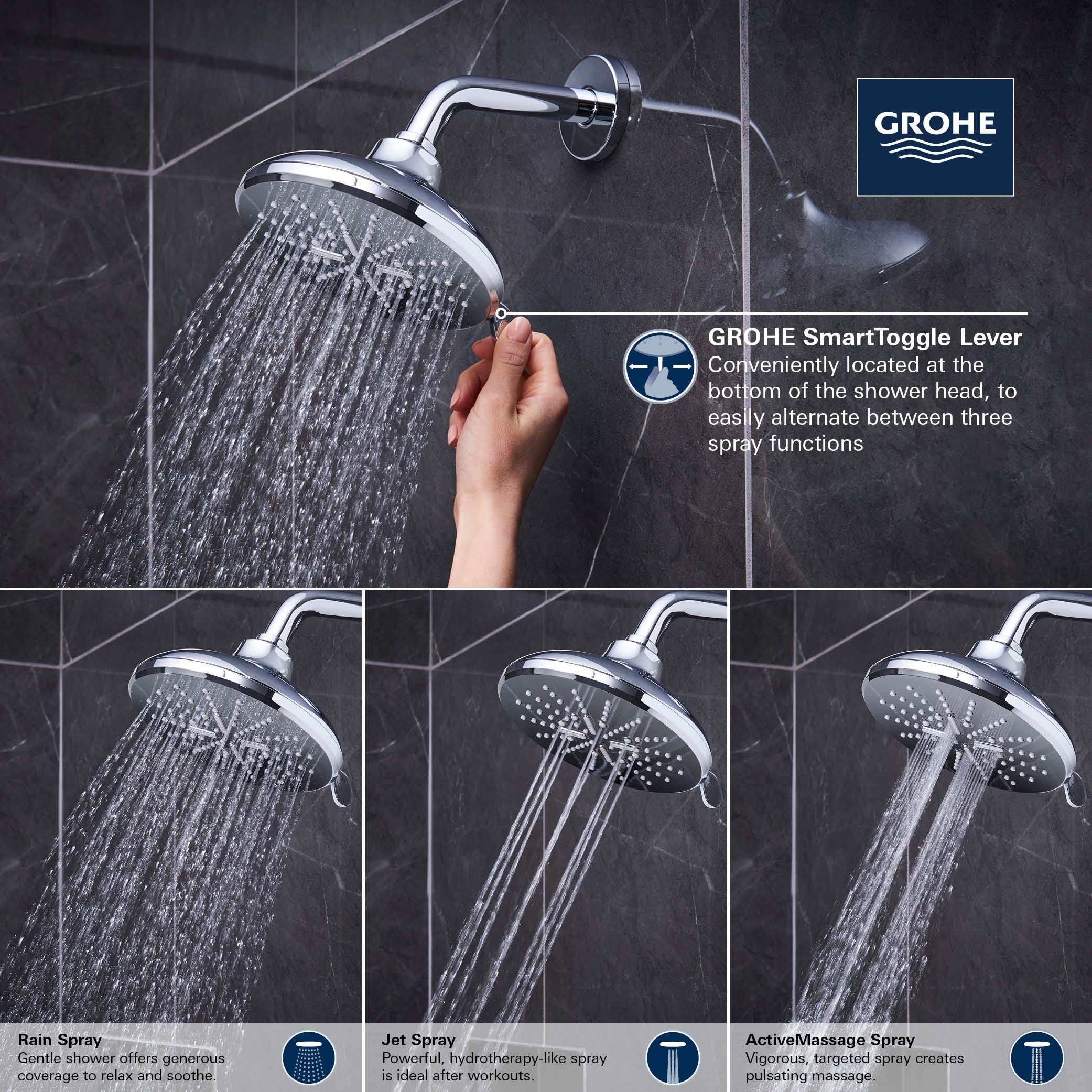 Grohe Rainshower 26789000 Shower Head, 6-1/2" - 3 Sprays, 1.75gpm in Grohe Chrome