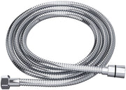 Polished chrome metal shower hose coiled with hexagonal connector fittings at both ends.