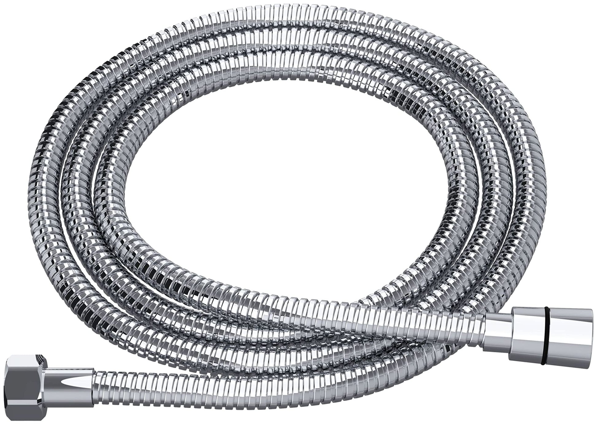 Polished chrome metal shower hose coiled with hexagonal connector fittings at both ends.