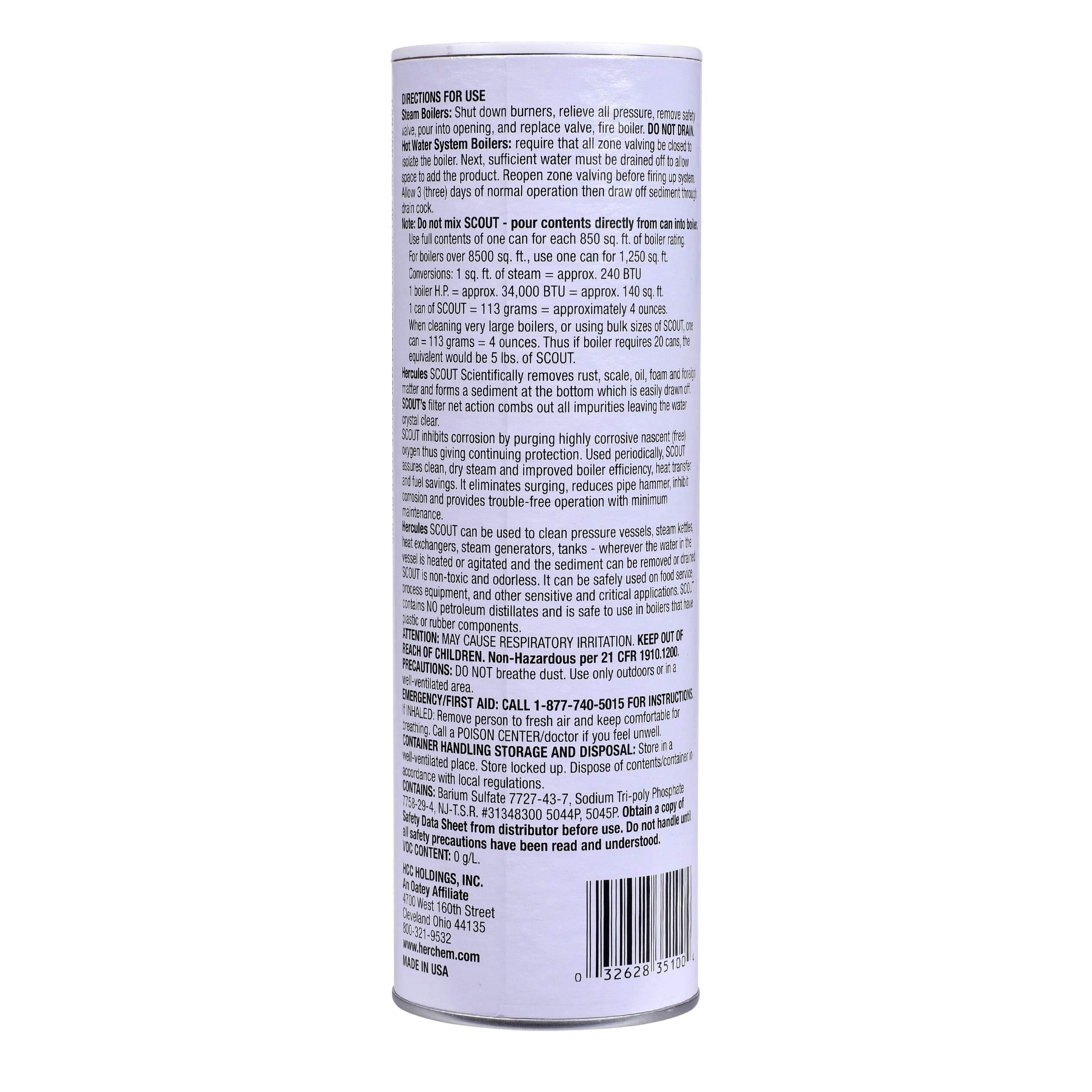 Cylindrical purple container of Oatey Hercules Scrout boiler cleaner with printed instructions and product information on lab