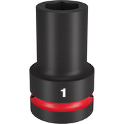 Black impact socket with red grip band and white "1" marking, 1 inch drive, 6-point design.