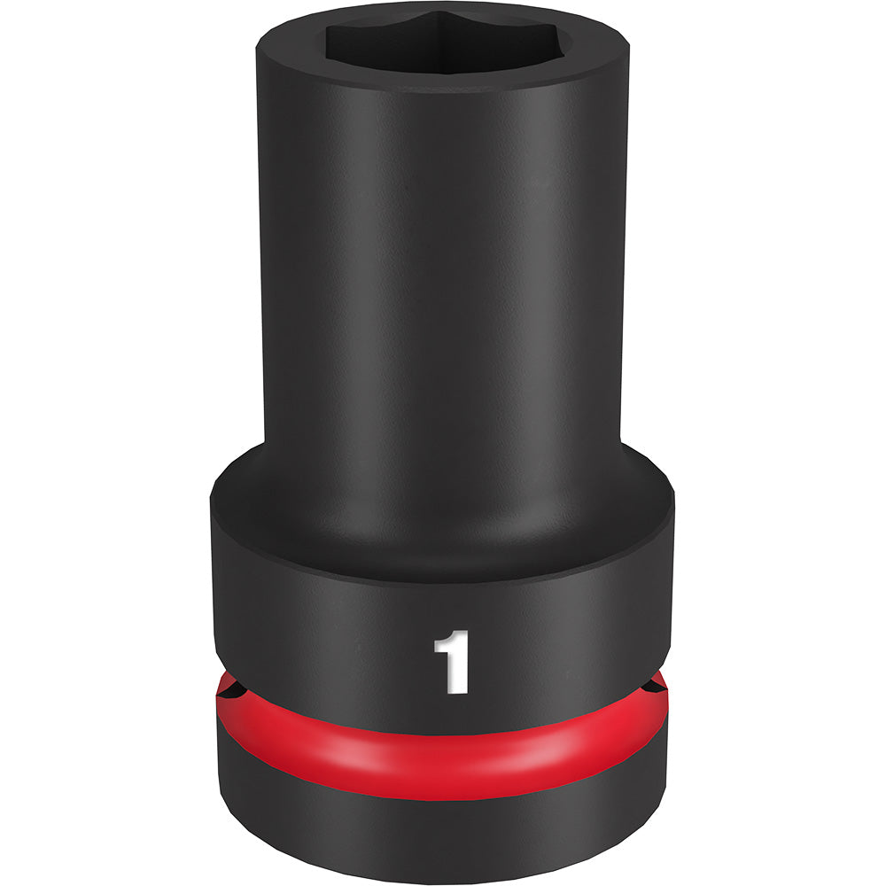 Black impact socket with red grip band and white "1" marking, 1 inch drive, 6-point design.