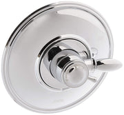 Chrome shower valve trim kit with circular escutcheon plate and single lever handle.