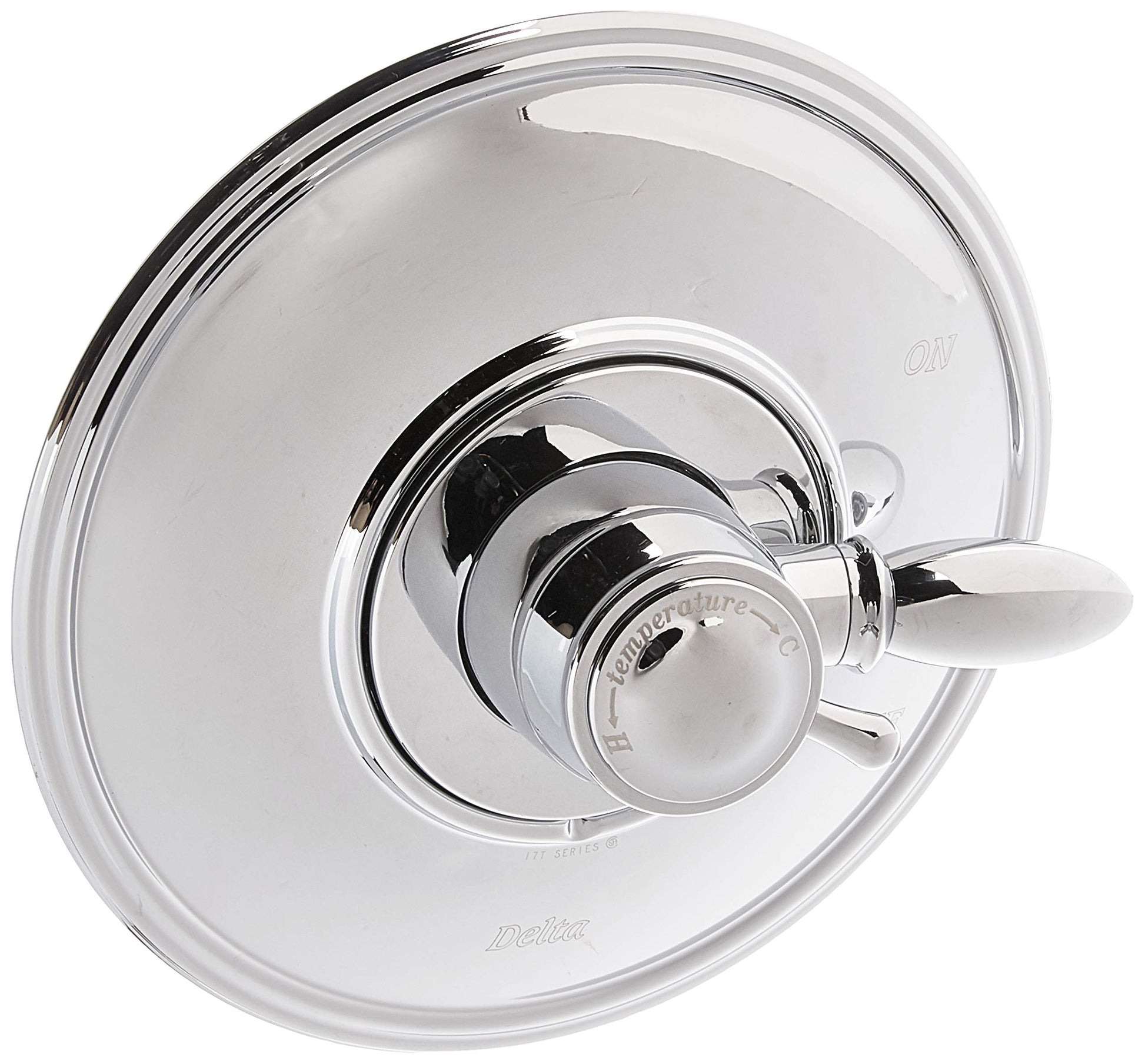 Chrome shower valve trim kit with circular escutcheon plate and single lever handle.