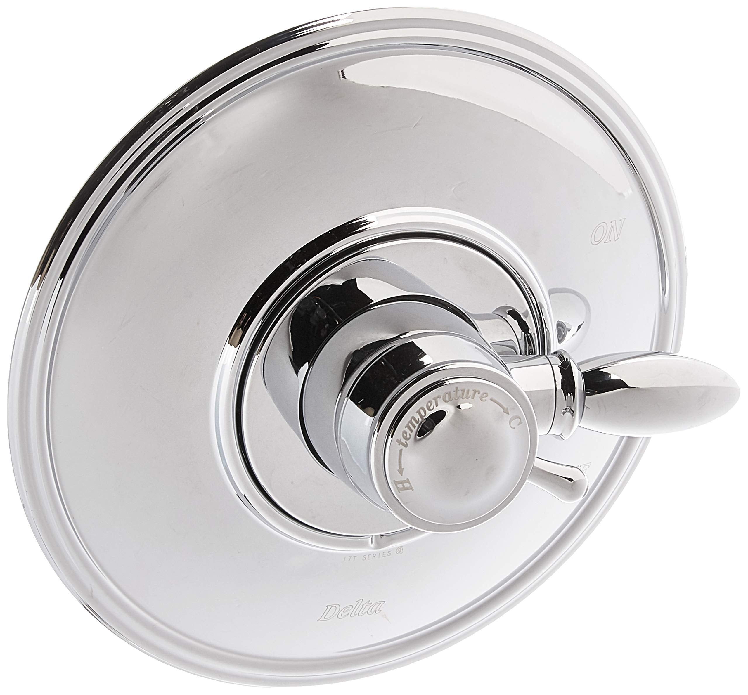 Chrome shower valve trim kit with circular escutcheon plate and single lever handle.