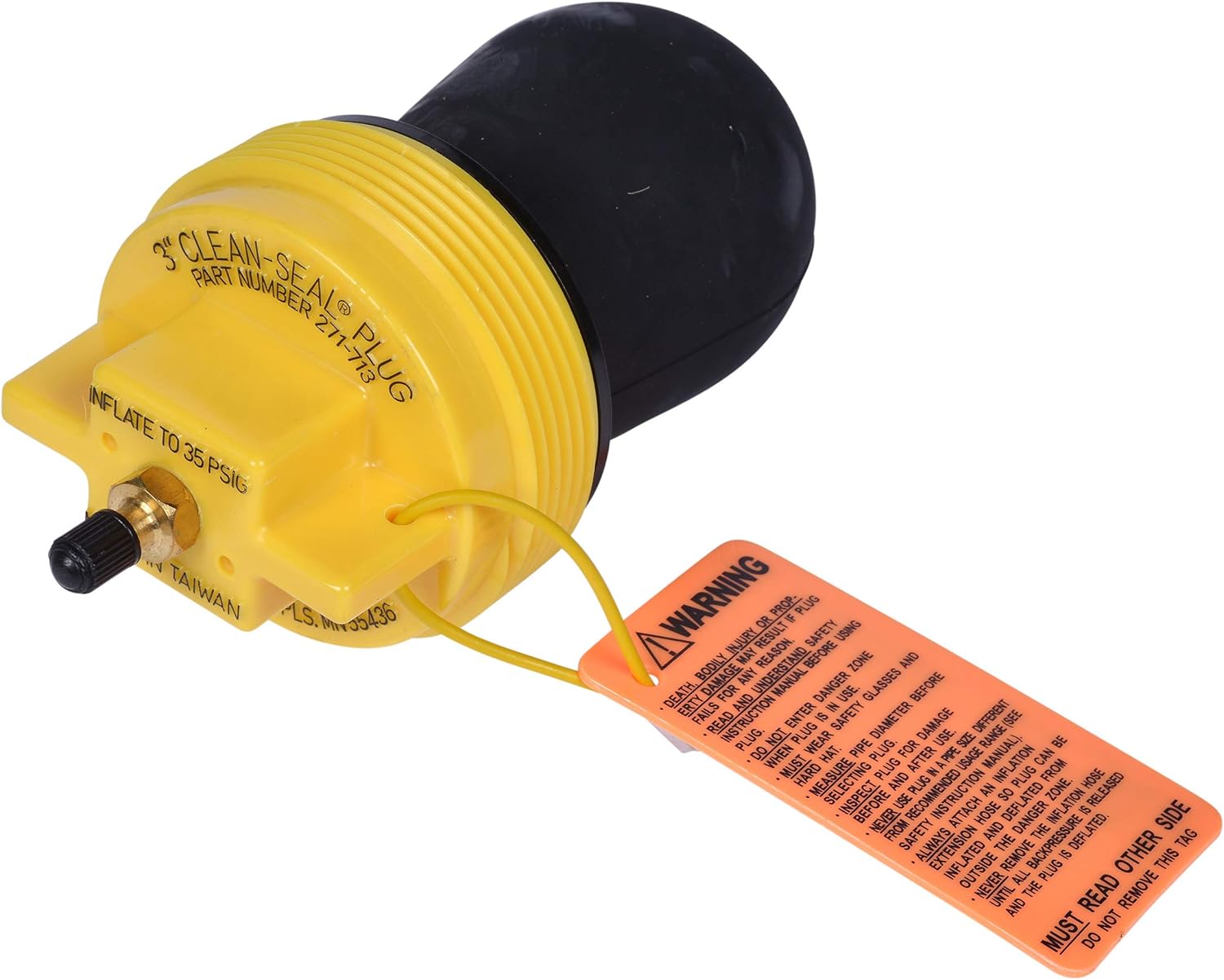 Yellow pneumatic plug with black sphere top, inflation valve, and attached orange warning tag.