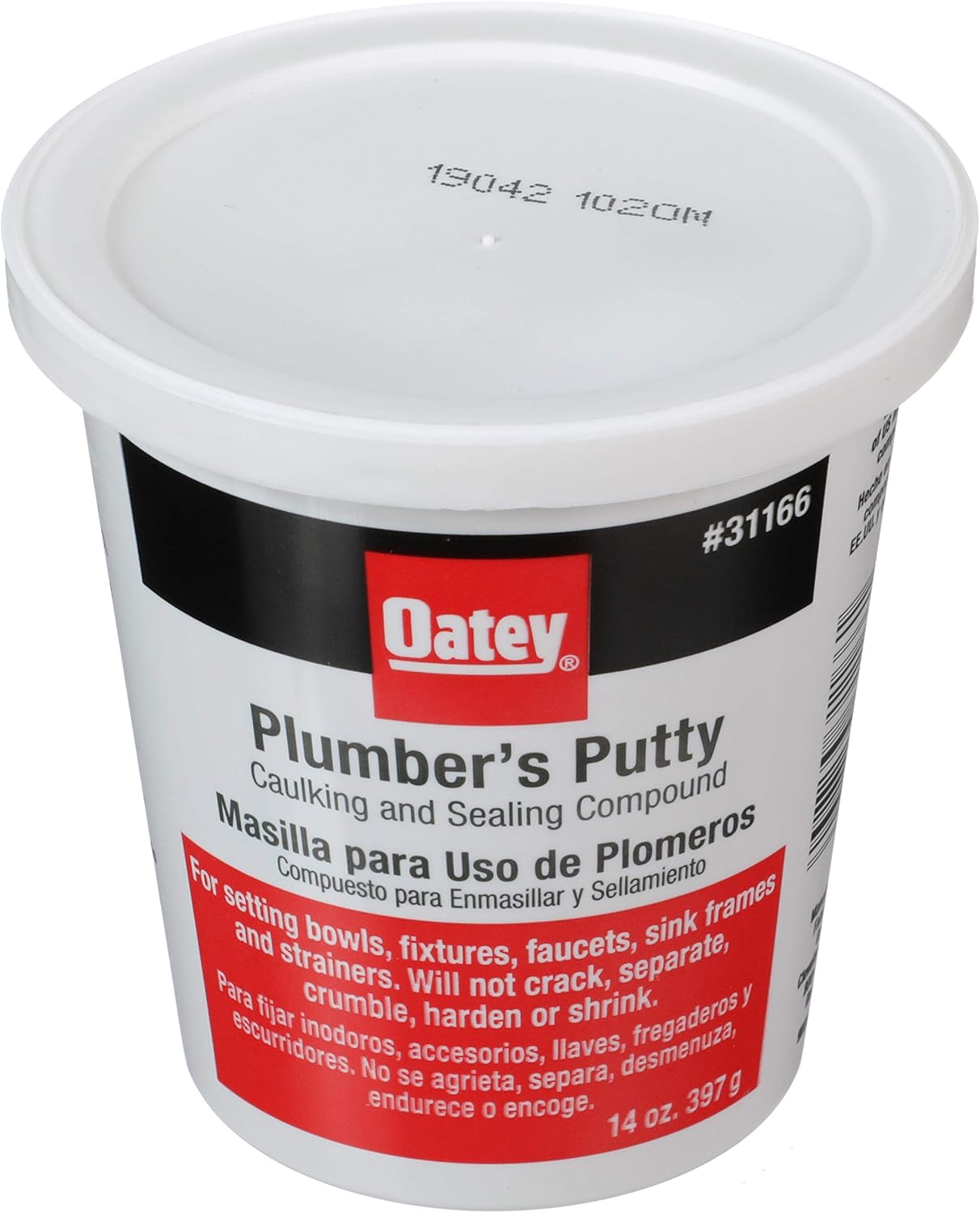 White plastic container of Oatey Plumber's Putty with red and black label, white lid, and product information printed on side