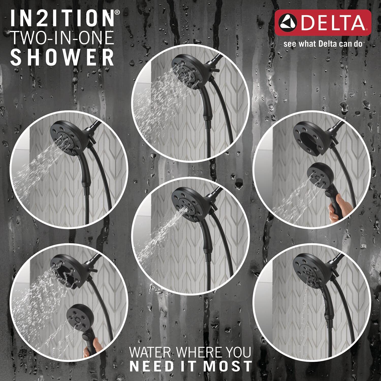 Matte black two-in-one shower head with handheld sprayer displaying multiple water spray settings against tiled wall.