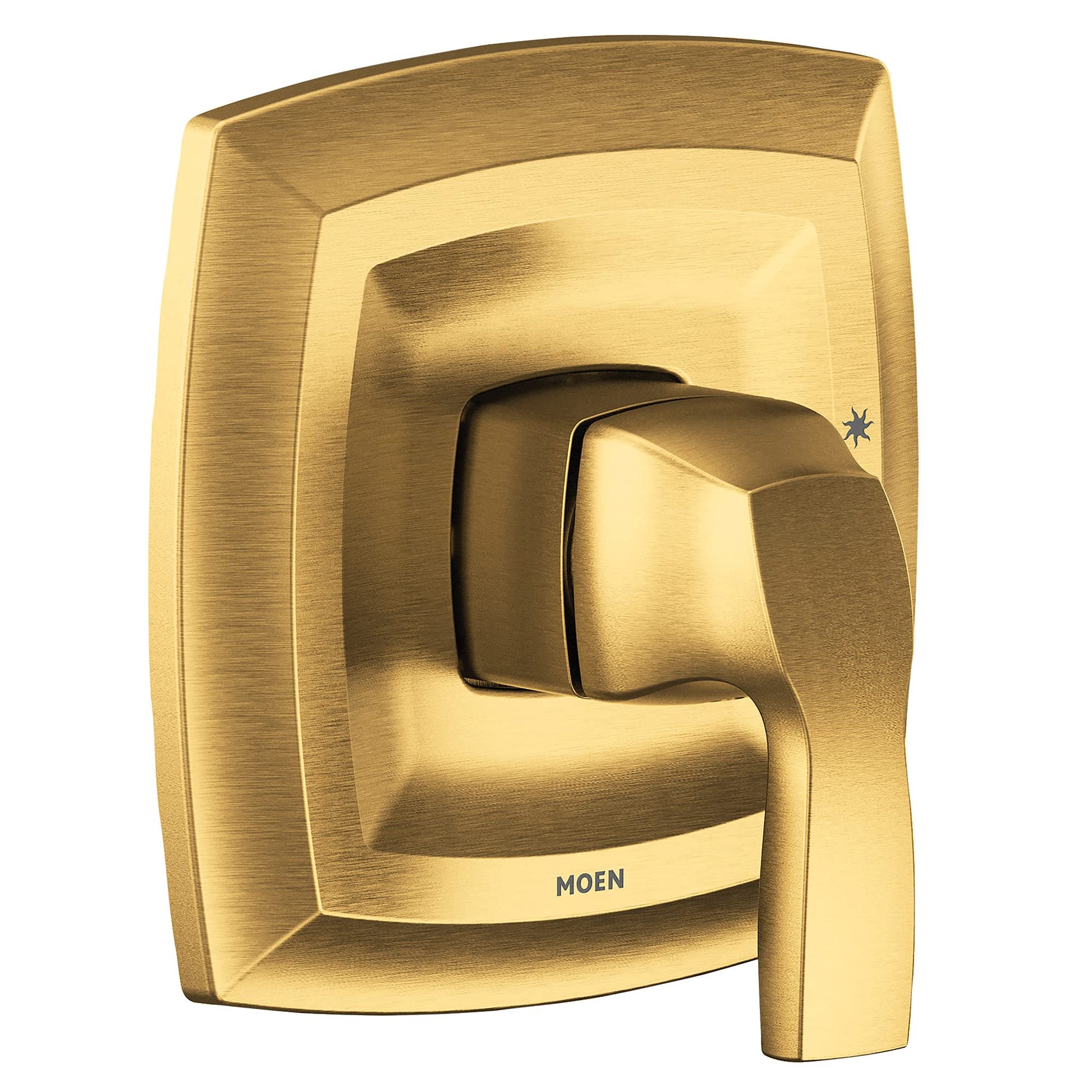 Brushed gold shower trim kit with single lever handle and square escutcheon plate.