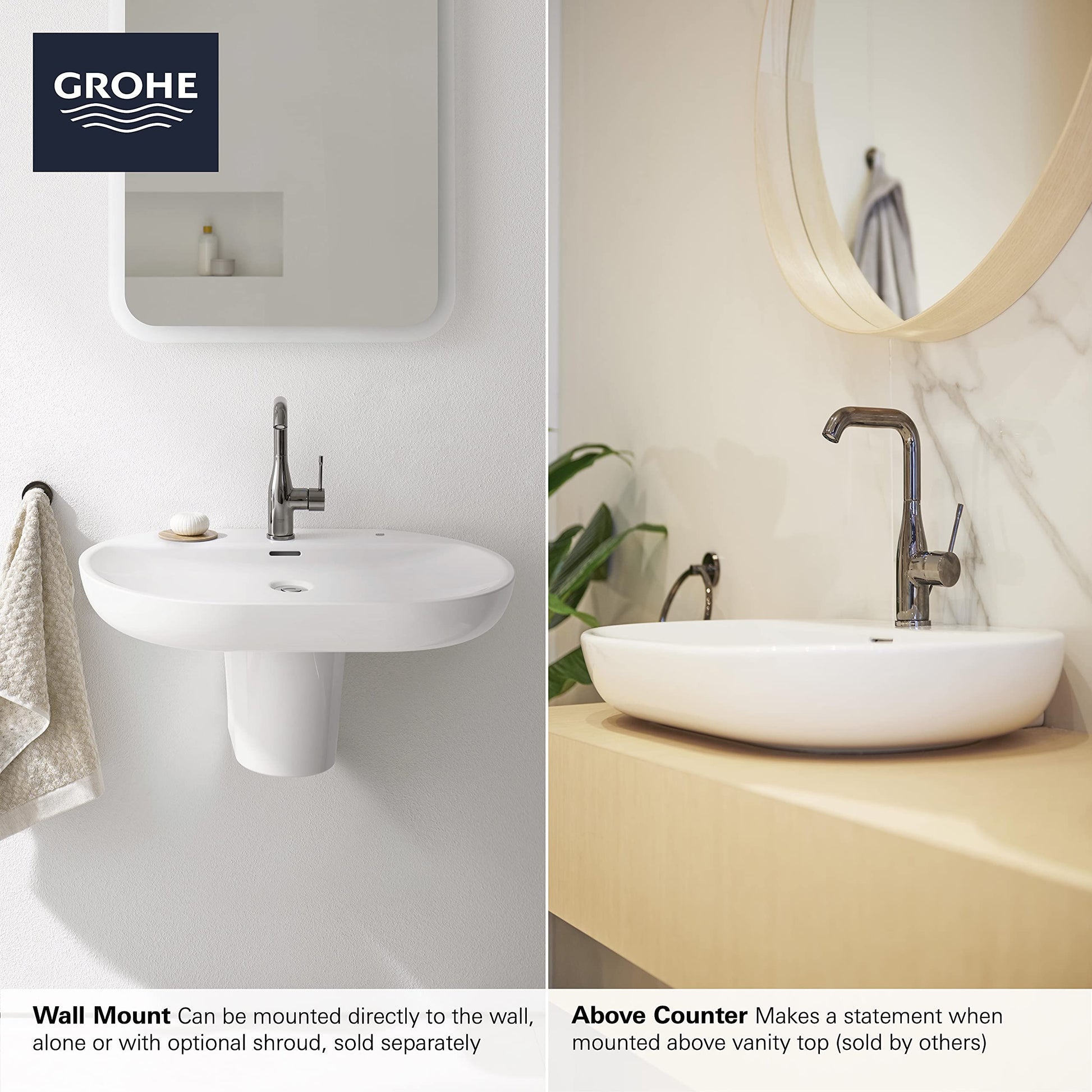 White wall-mounted bathroom sink with oval basin, chrome faucet, and three-hole configuration shown in two installation style