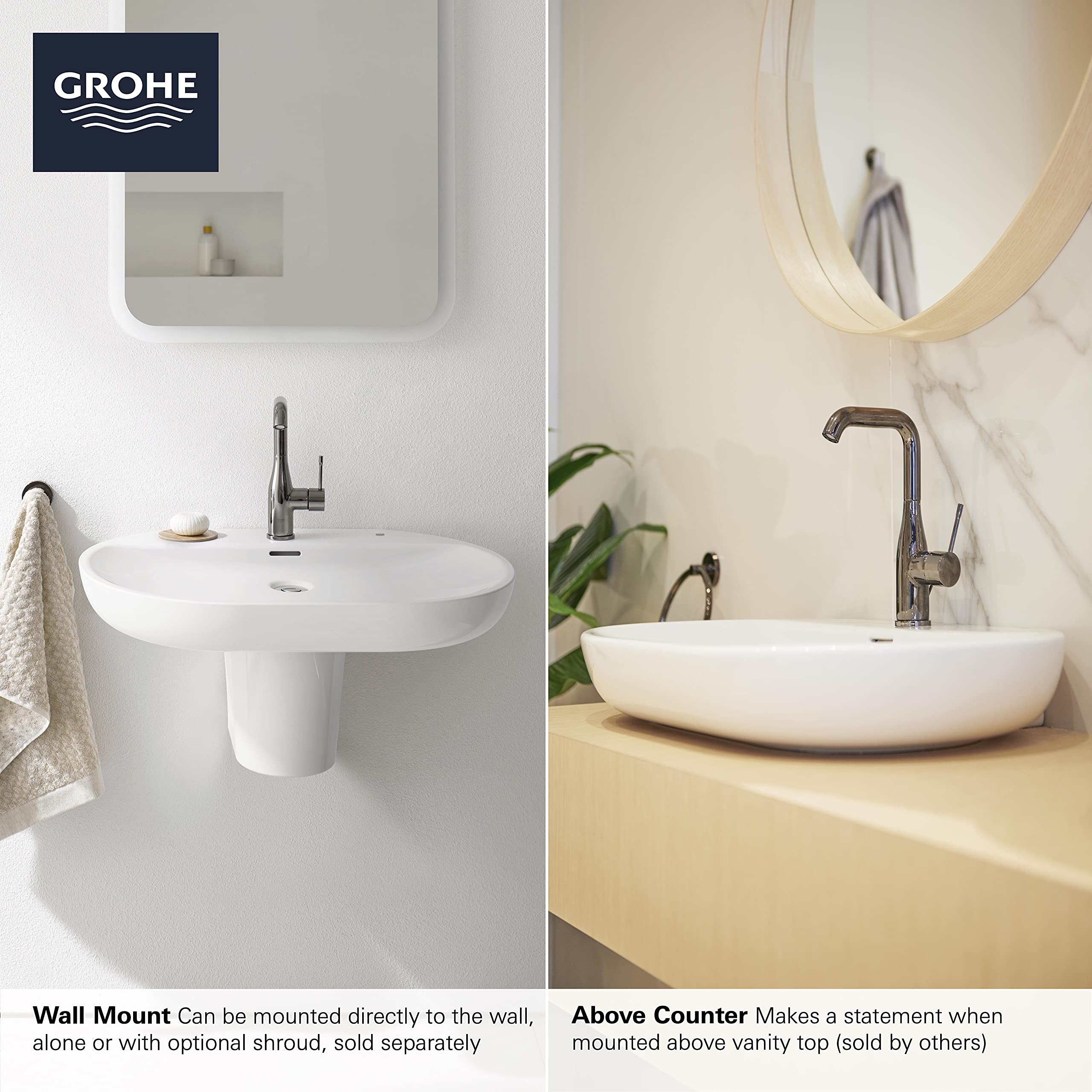 White wall-mounted bathroom sink with oval basin, chrome faucet, and three-hole configuration shown in two installation style