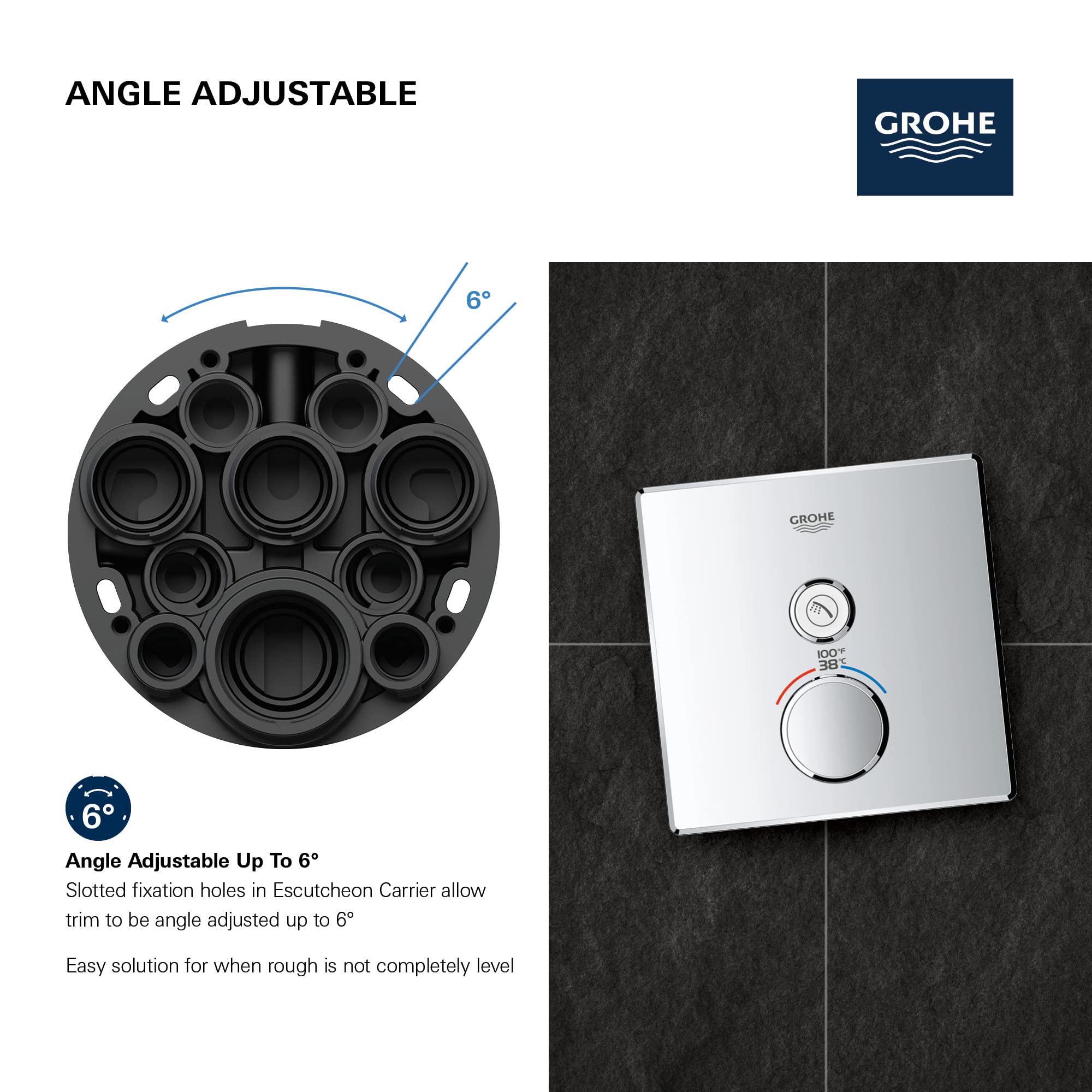 Grohe brushed nickel thermostatic valve trim with round control knob mounted on dark tile wall.
