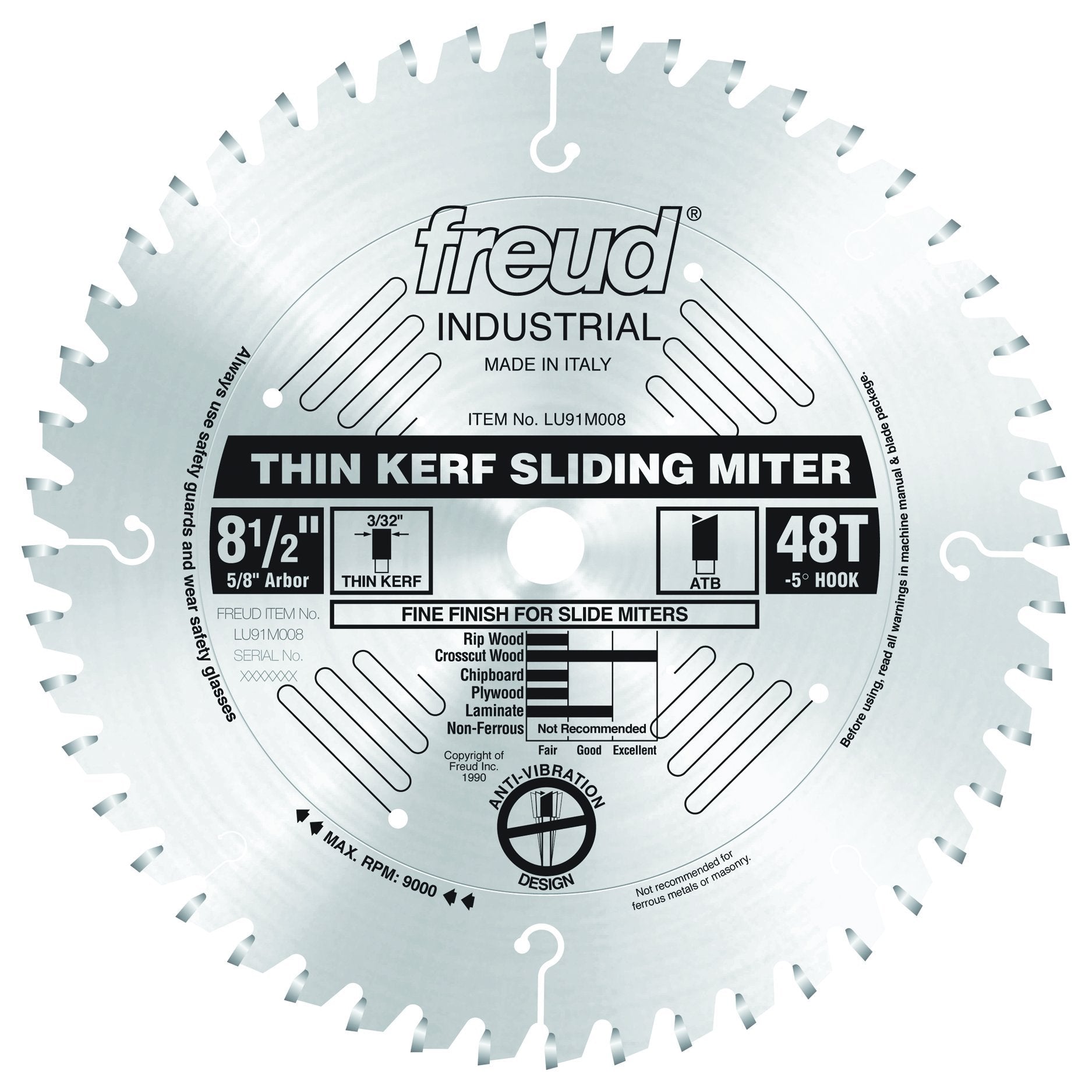 Freud 8-1/2" circular saw blade with 48 teeth, thin kerf, and ATB tooth design for miter saws.