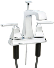 Chrome two-handle bathroom faucet with curved spout, lever handles, and matching base plate mounted on sink.