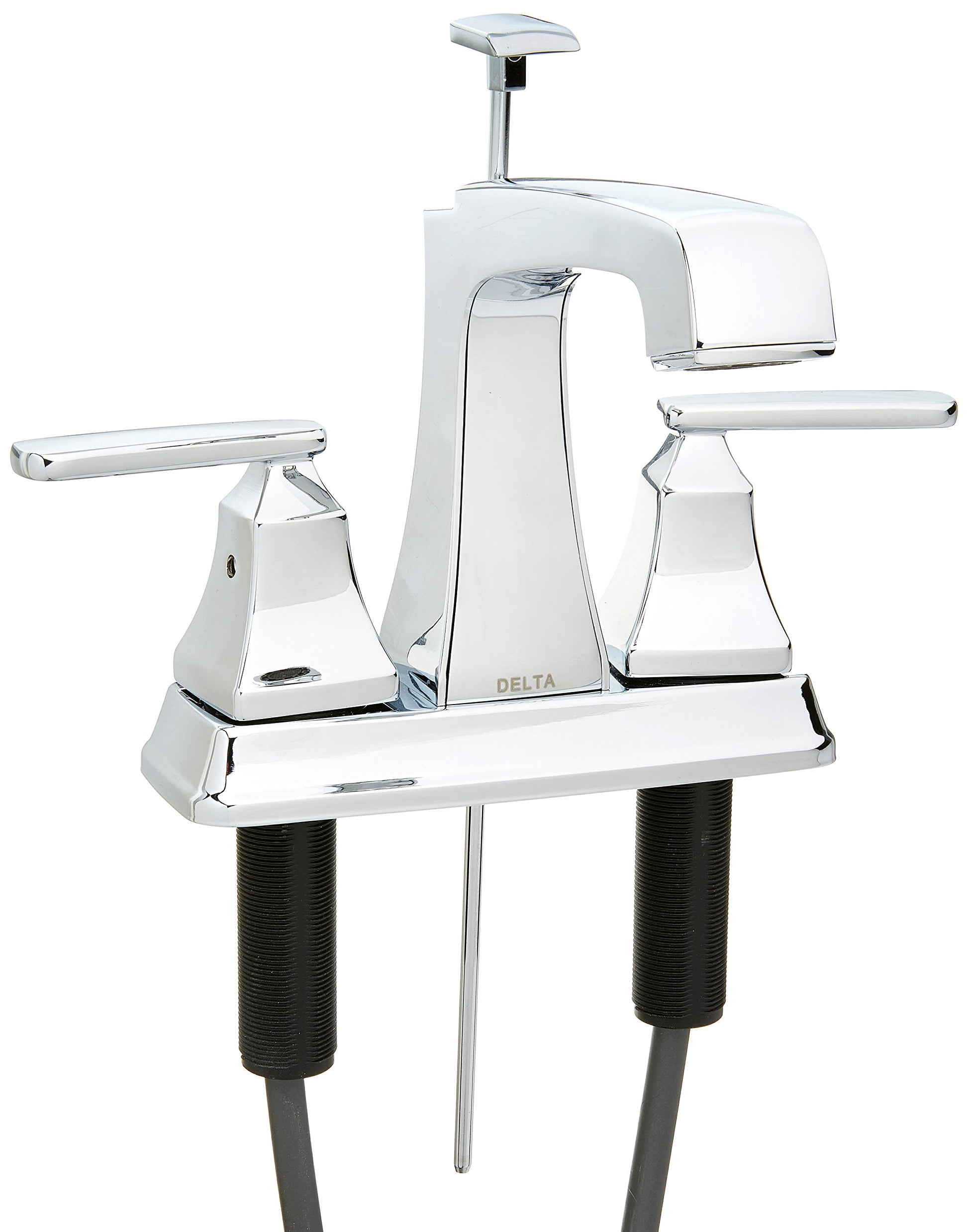 Chrome two-handle bathroom faucet with curved spout, lever handles, and matching base plate mounted on sink.