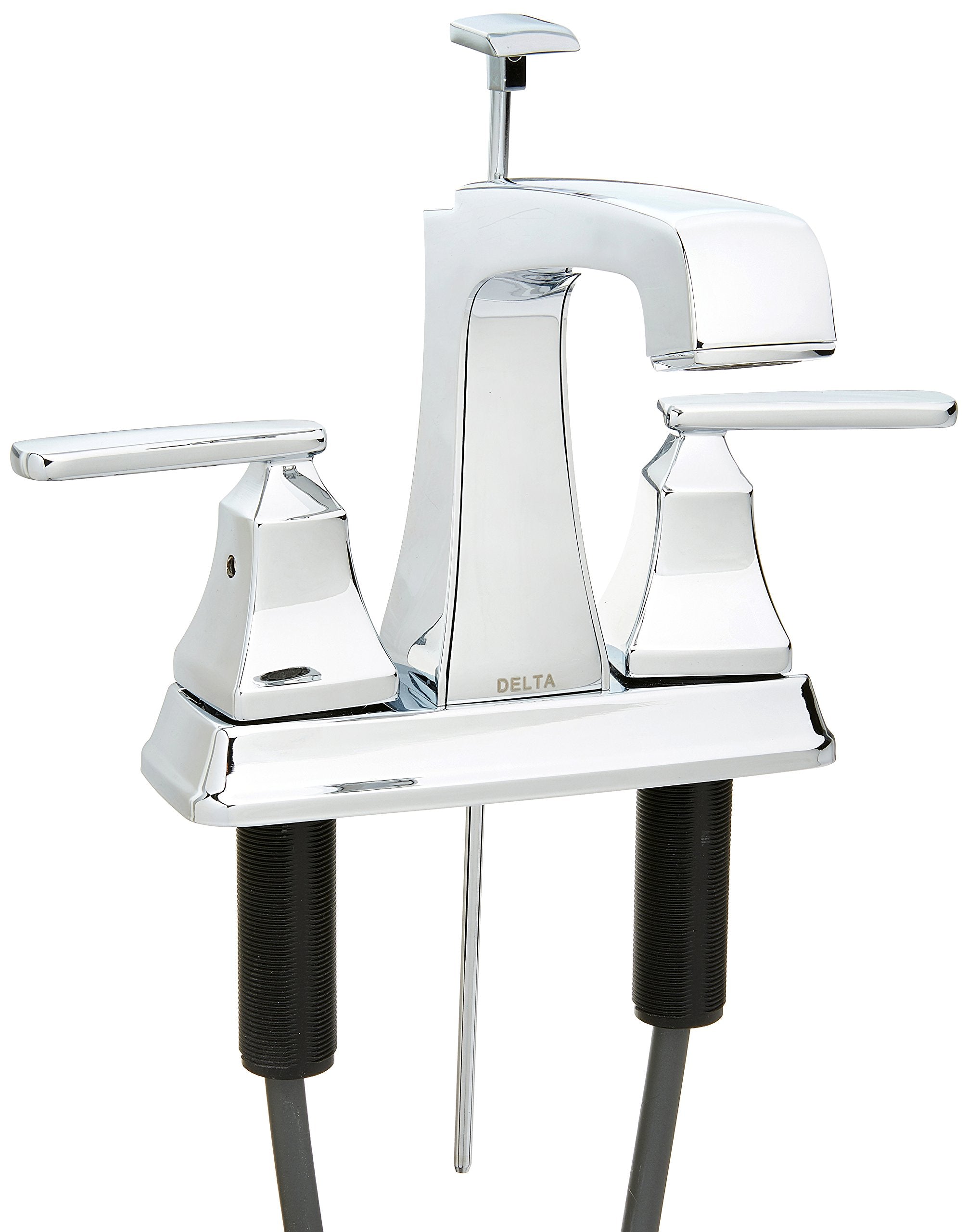 Chrome two-handle bathroom faucet with curved spout, lever handles, and matching base plate mounted on sink.