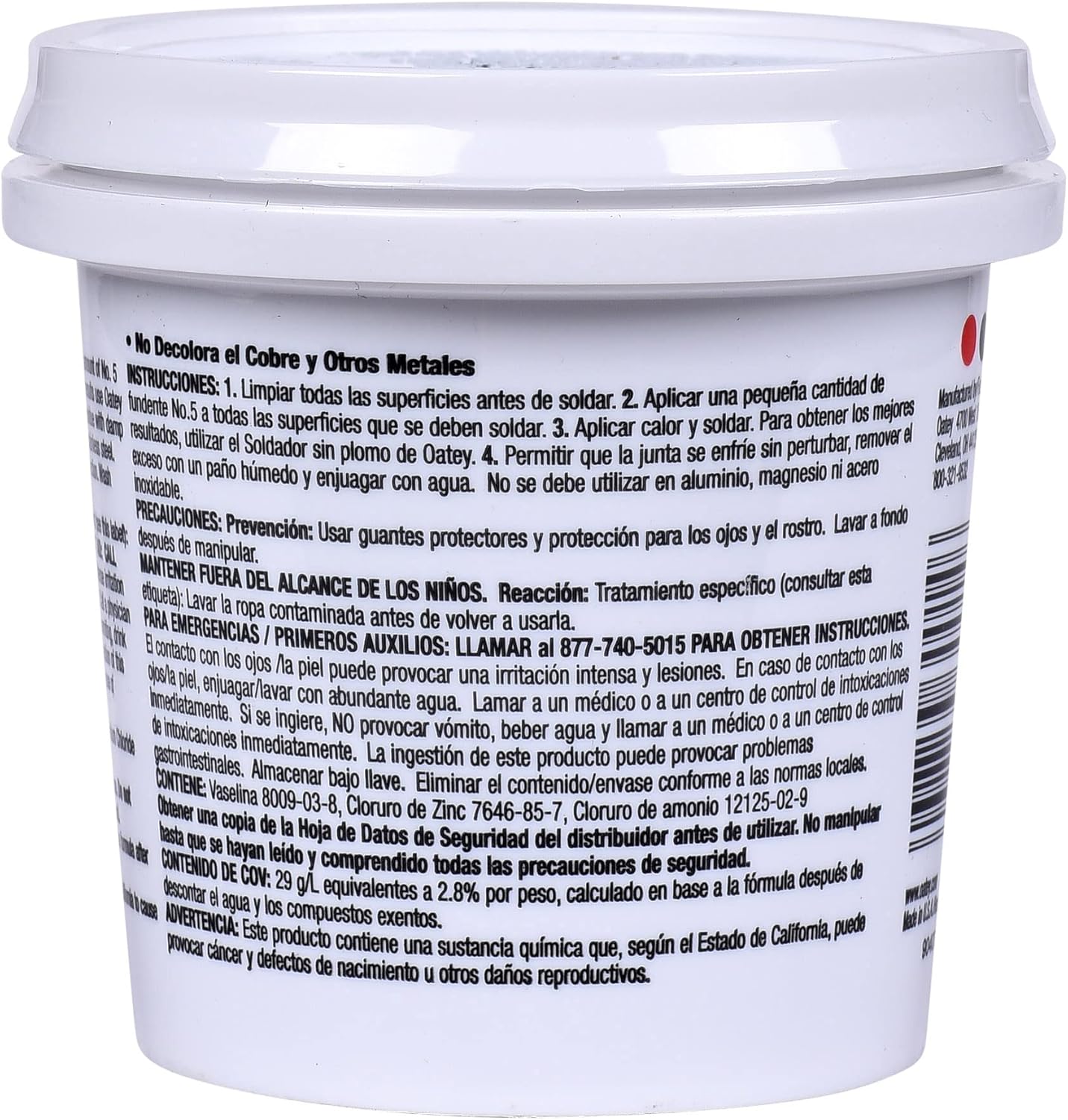 White plastic container with snap-on lid and Spanish language label for No. 5 paste flux.
