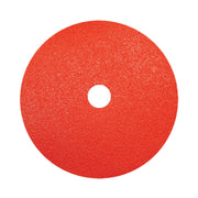 Red circular sanding disc with white center hole and coarse grit surface texture.