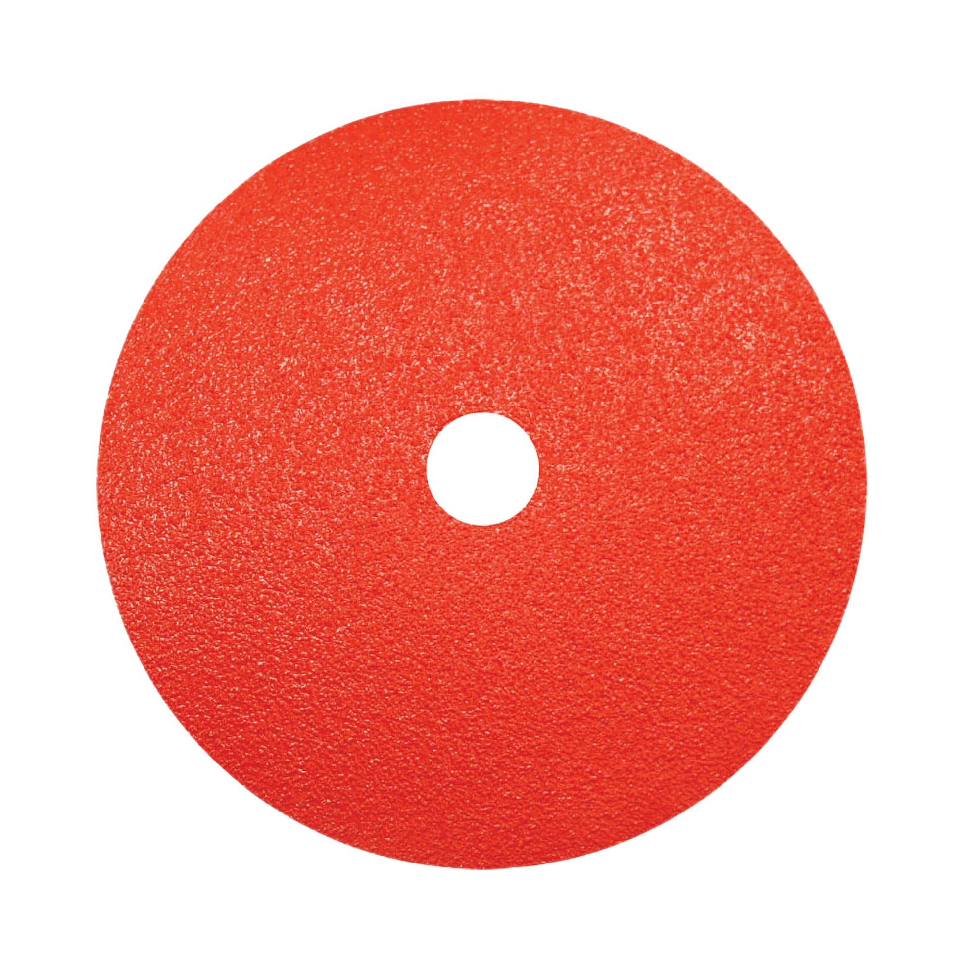 Red circular sanding disc with white center hole and coarse grit surface texture.