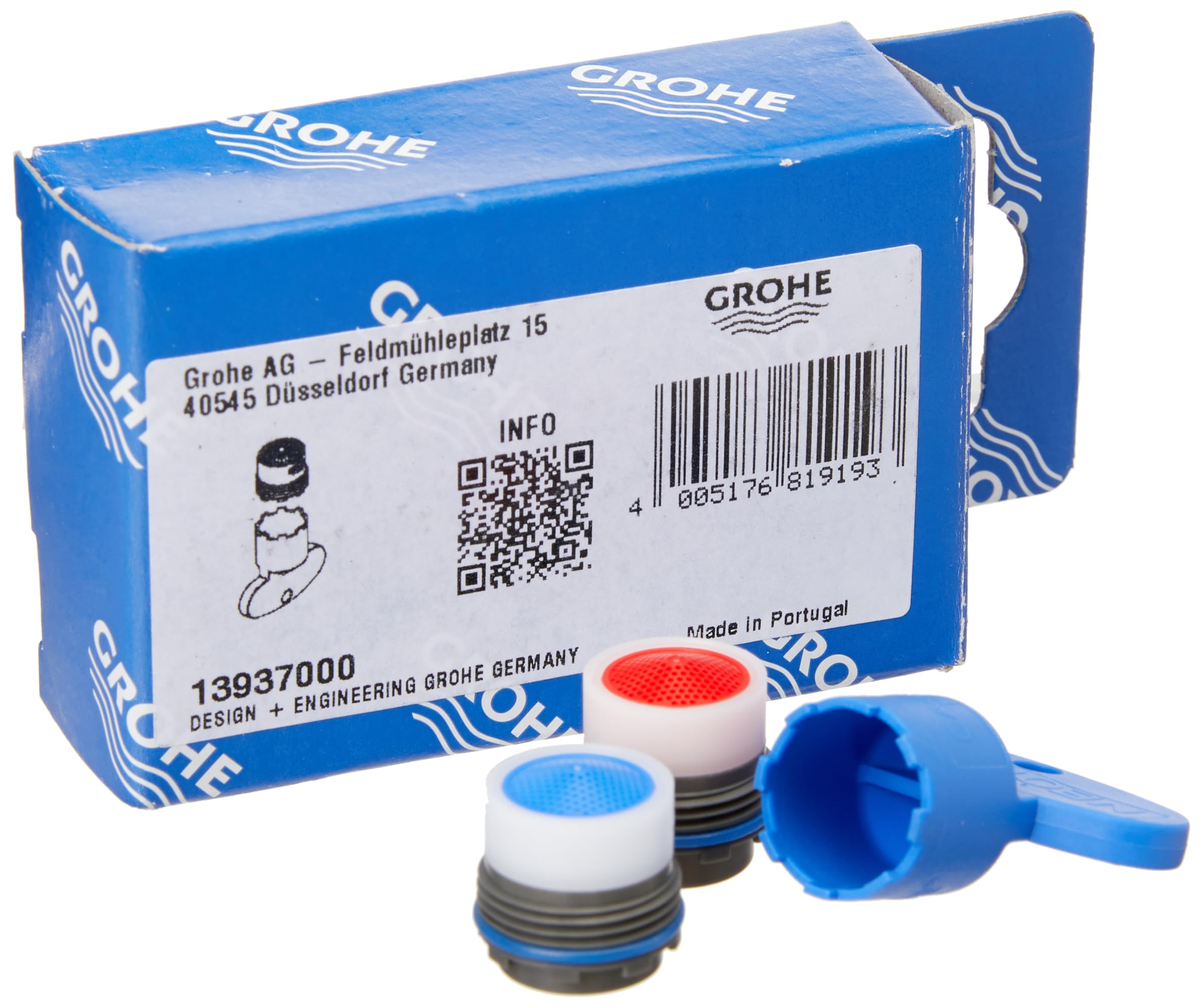 Grohe mousseur repair set containing chrome-finished aerator parts with blue and red mesh inserts in original packaging.