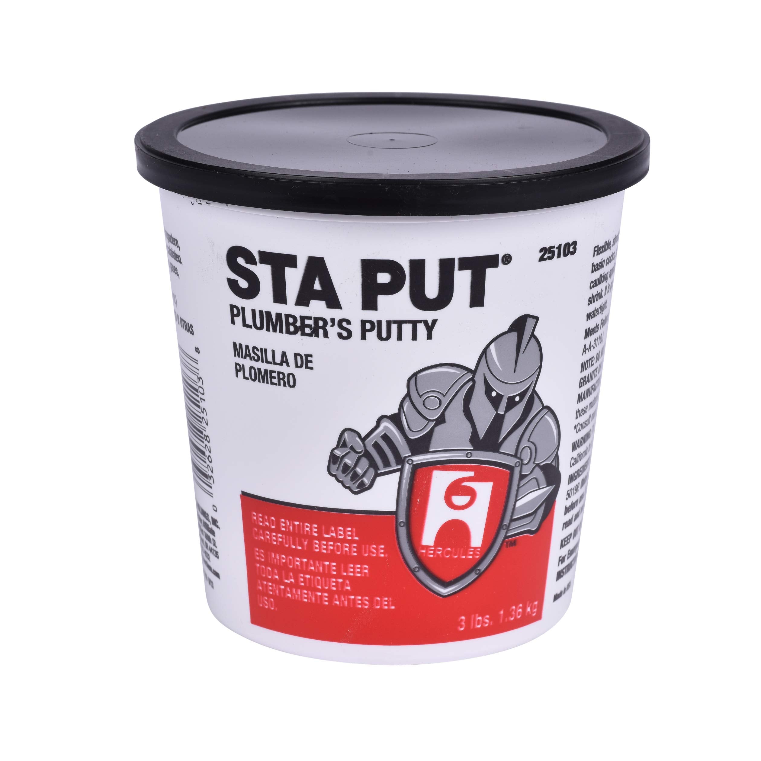 Oatey Sta Put plumber's putty container with black lid and white label featuring product branding and red warning section.