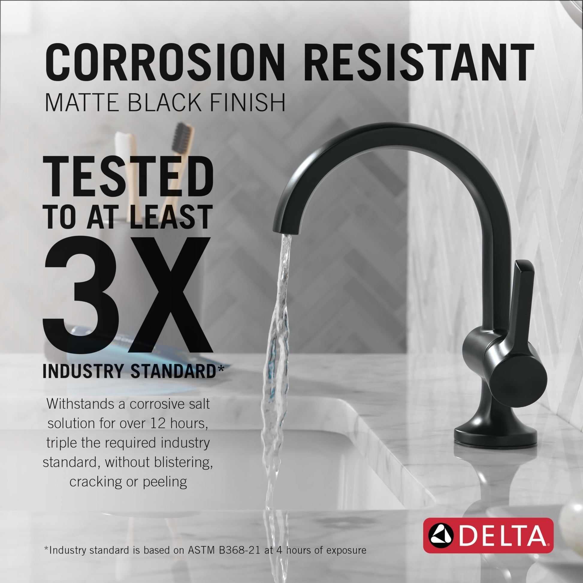 Matte black single-handle bathroom faucet with curved spout dispensing water into white sink basin.