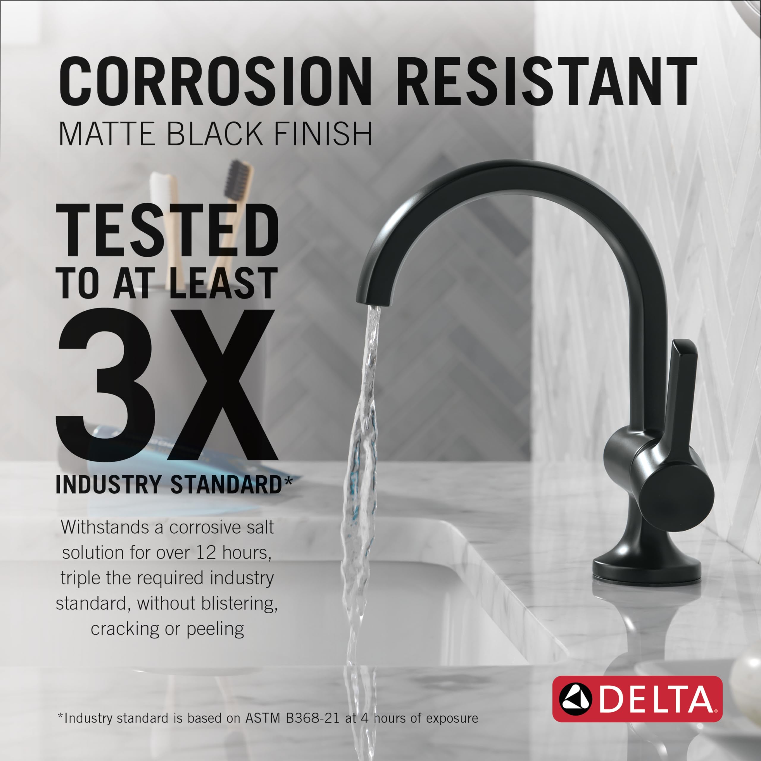 Matte black single-handle bathroom faucet with curved spout dispensing water into white sink basin.