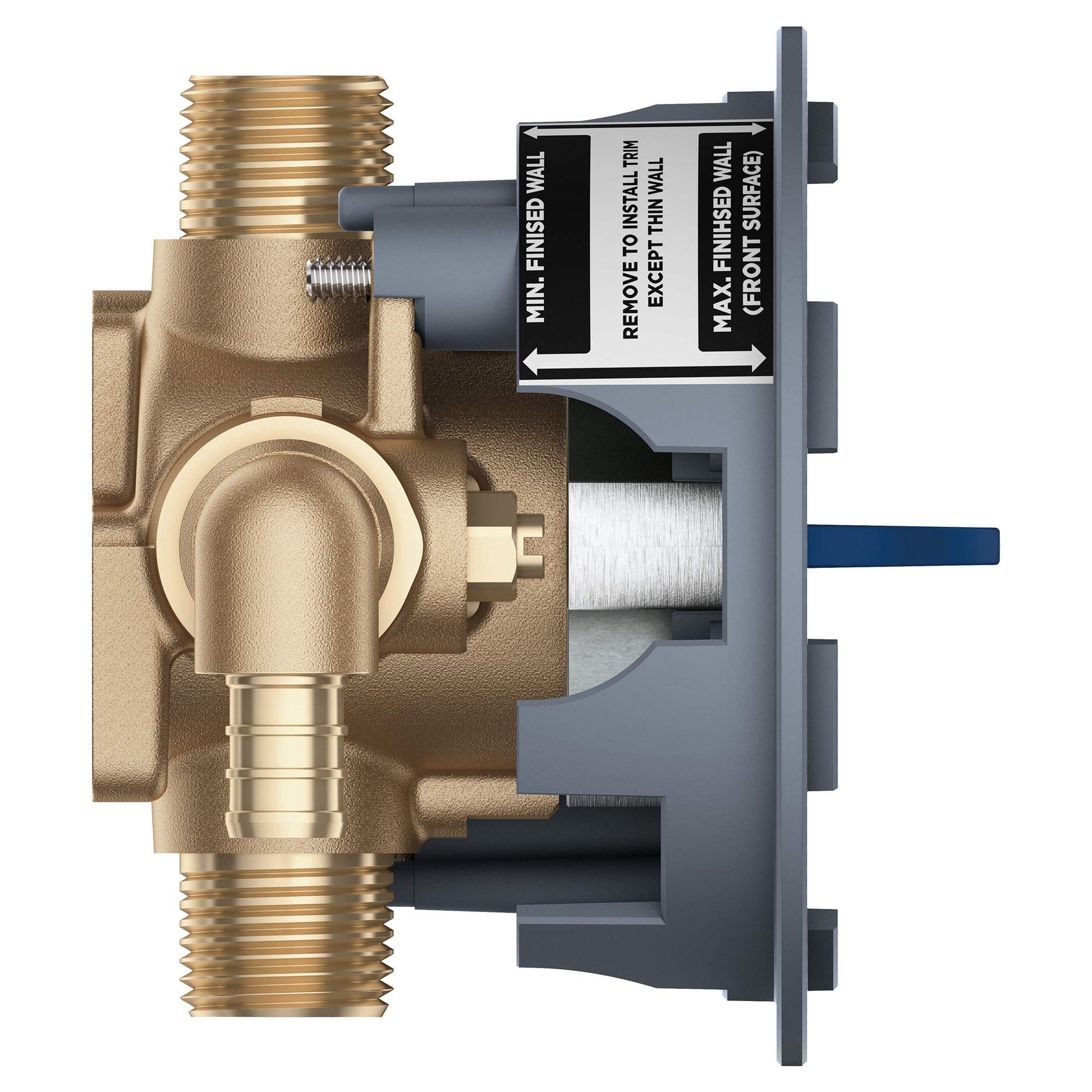 Grohe Grohsafe pressure balance rough-in valve with brass body, threaded connections, and gray mounting plate with adjustment