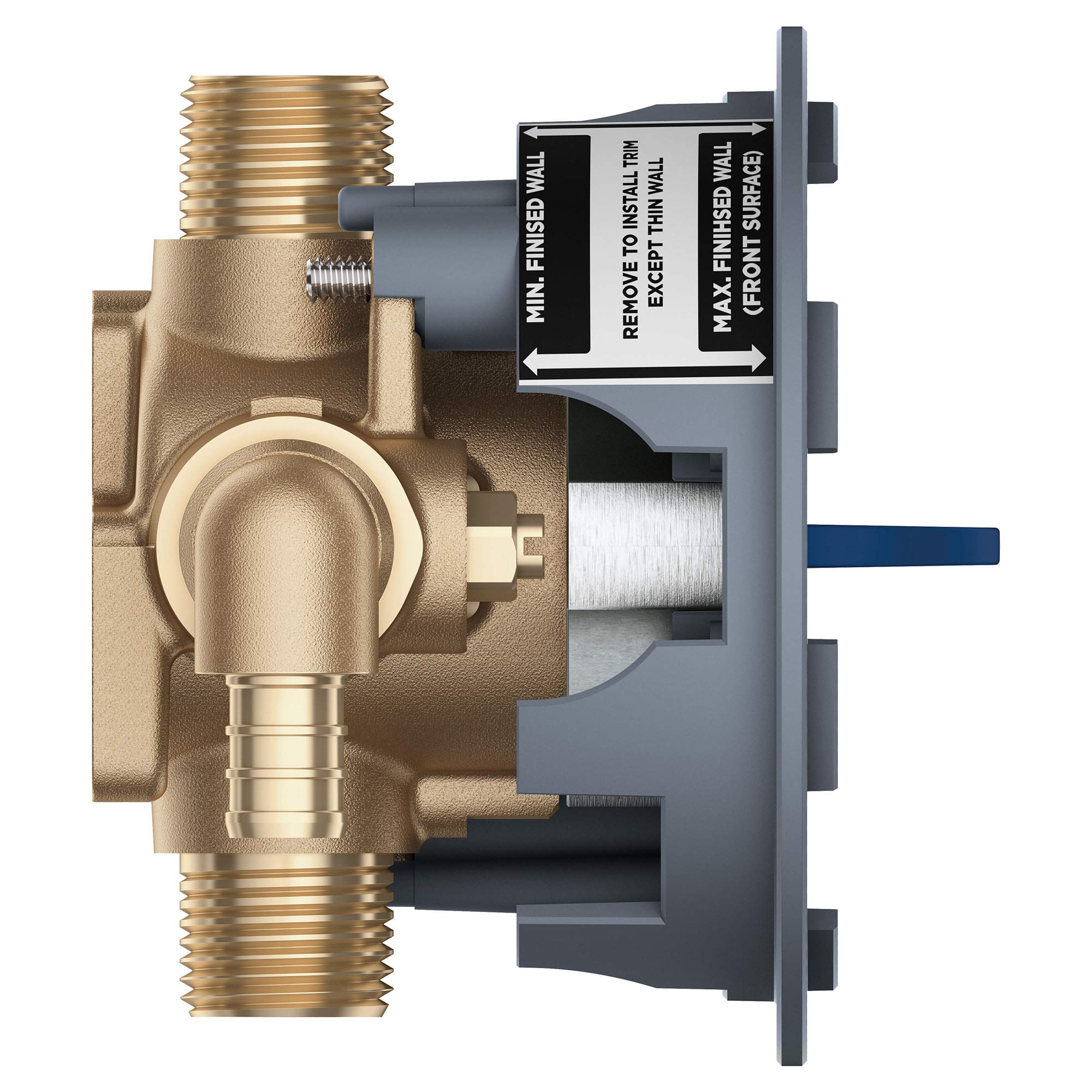 Grohe Grohsafe pressure balance rough-in valve with brass body, threaded connections, and gray mounting plate with adjustment