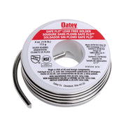 Coiled silver-gray lead-free plumbing solder on a white spool with red Oatey branding and product information label.