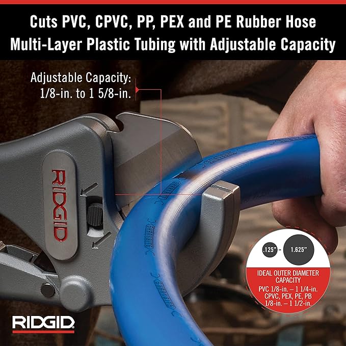 RIDGID ratchet action plastic pipe cutter with aluminum body cutting blue PVC tubing, held in hand.