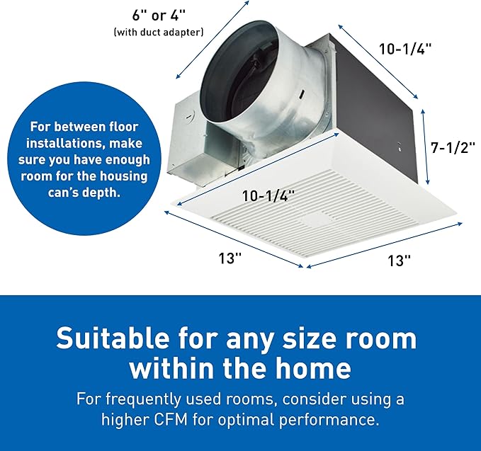 Panasonic WhisperGreen Select ceiling ventilation fan with rectangular white grille and cylindrical metal duct adapter, dimen