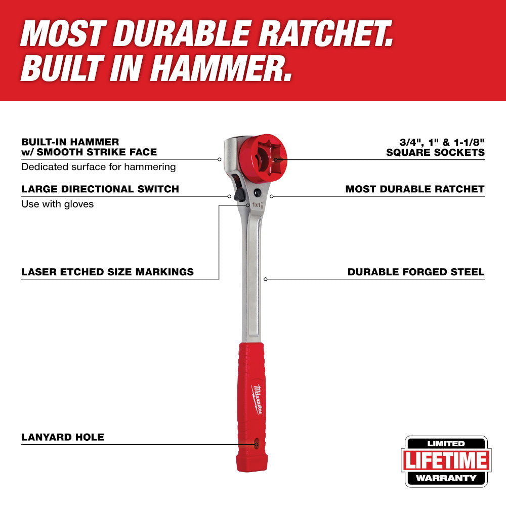 Milwaukee lineman ratcheting wrench with red hammer head, gray steel shaft, red grip handle, and large directional switch.