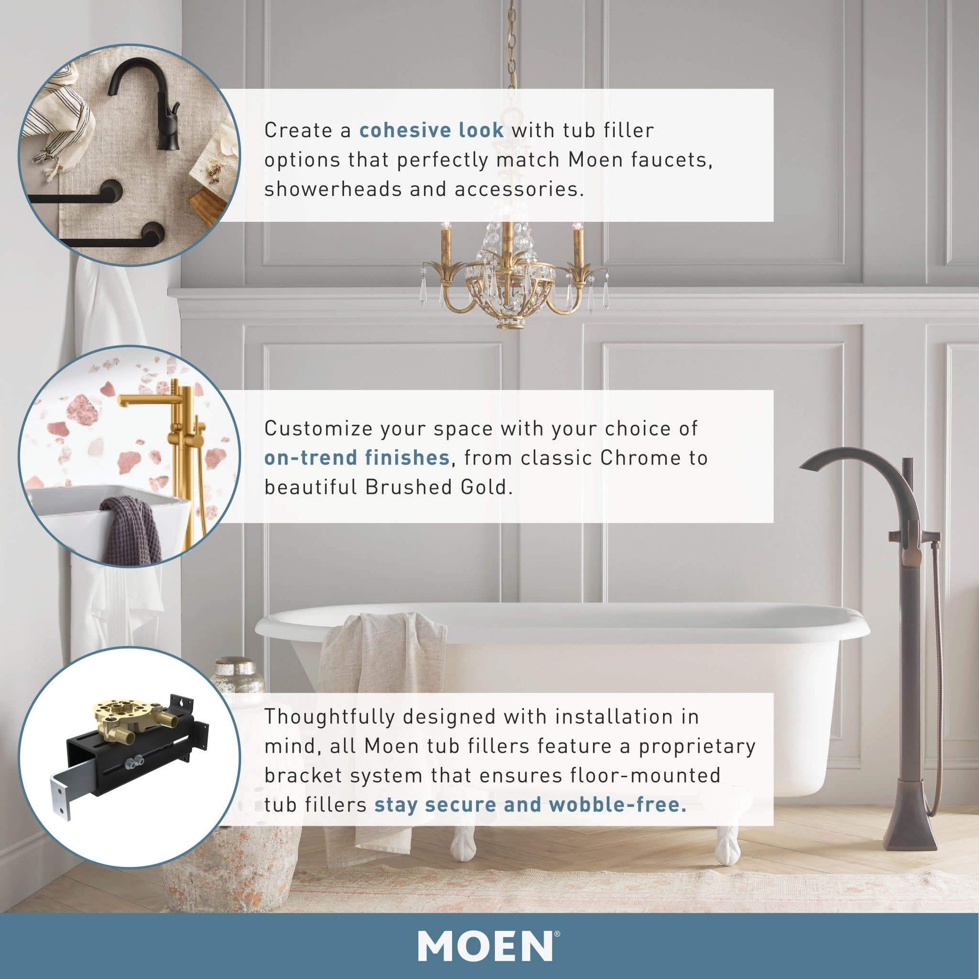 Brushed nickel freestanding tub filler with single handle, curved spout, and detachable handshower.