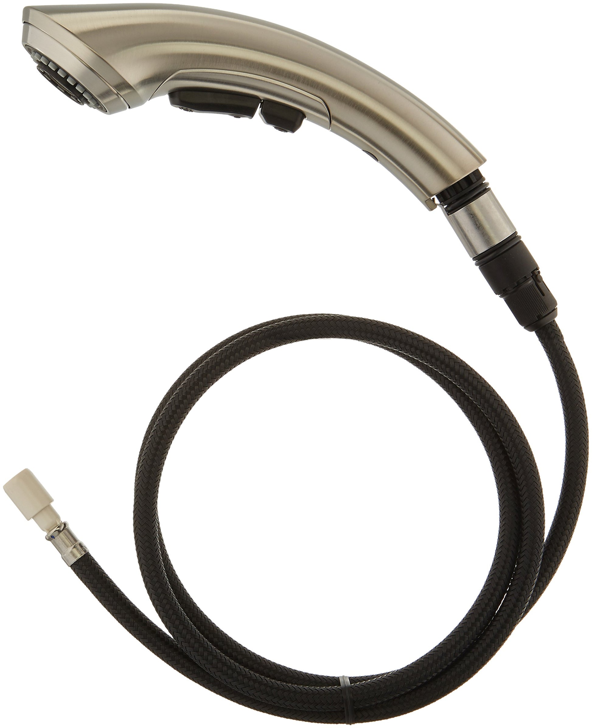 Stainless steel pull-out wand assembly with curved handle, showerhead, and black braided hose with connector.